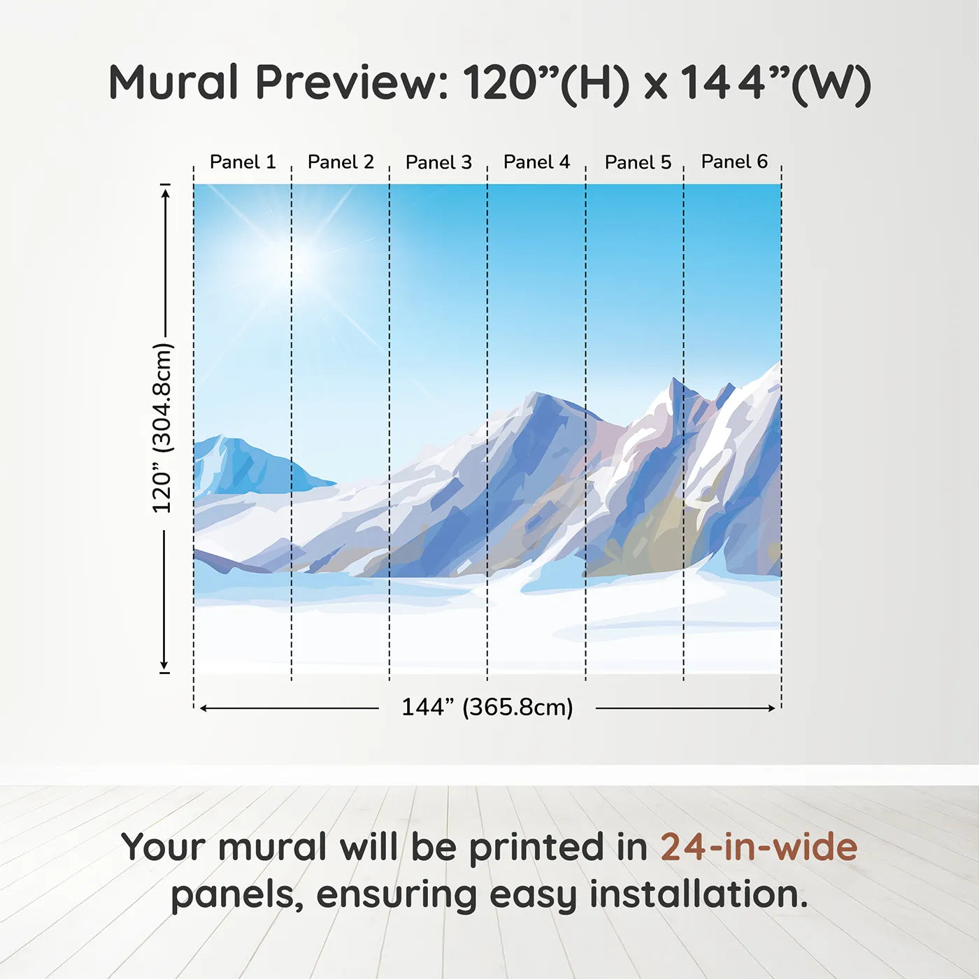 Whimsy Tots Sunny Mountain Peak Wall Muraldimension view (120" H x 144" W). Printed in six 24-inch-wide panels. Gender-Neutral