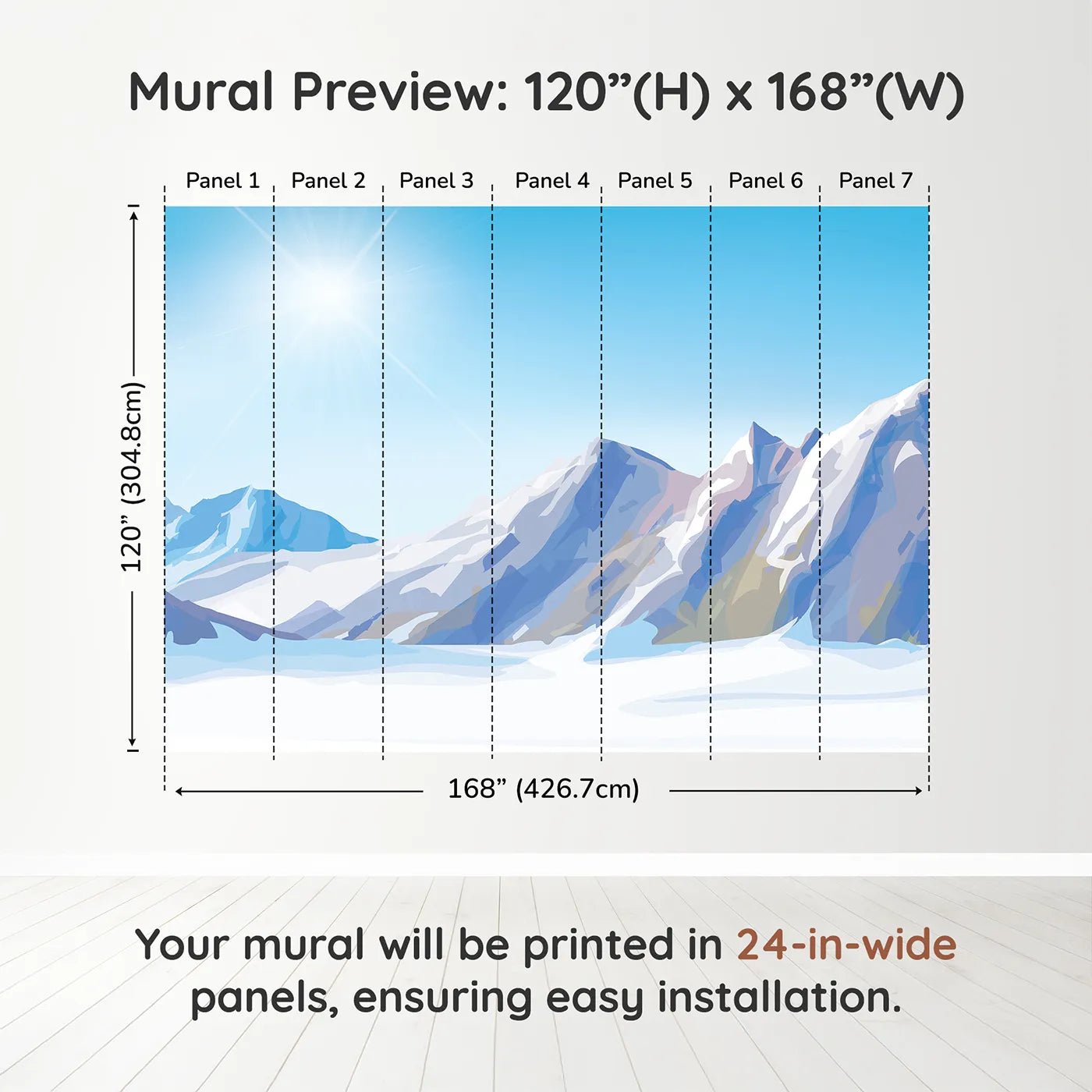 Whimsy Tots Sunny Mountain Peak Wall Muraldimension view (120" H x 168" W). Printed in seven 24-inch-wide panels. Gender-Neutral