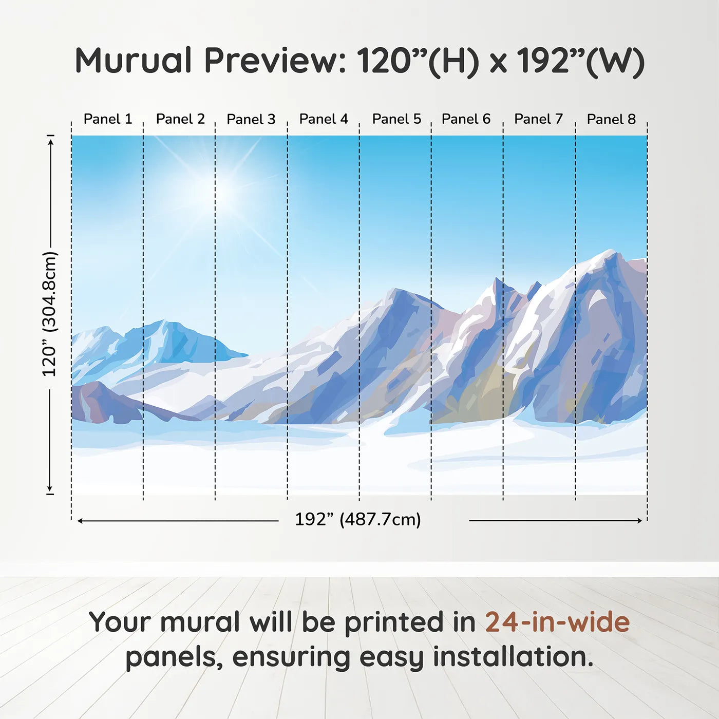 Whimsy Tots Sunny Mountain Peak Wall Muraldimension view (120" H x 192" W). Printed in eight 24-inch-wide panels. Gender-Neutral