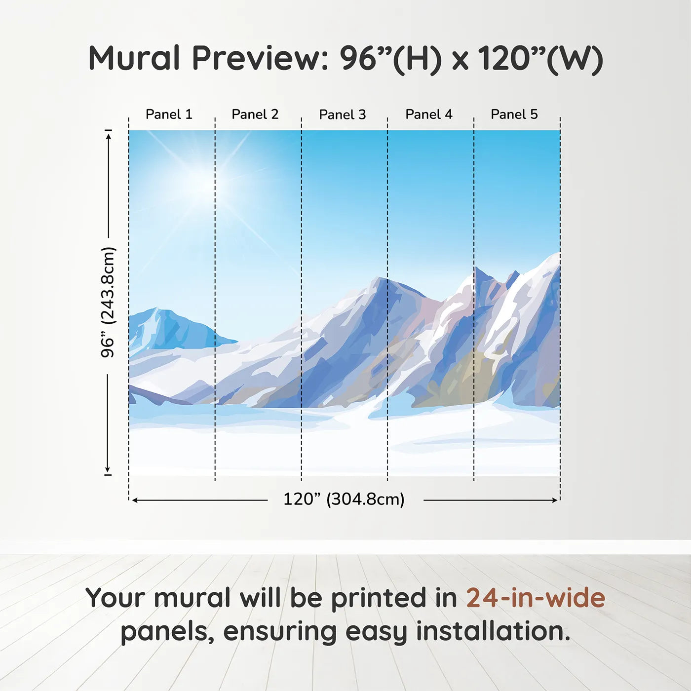 Whimsy Tots Sunny Mountain Peak Wall Muraldimension view (96" H x 120" W). Printed in five 24-inch-wide panels. Gender-Neutral