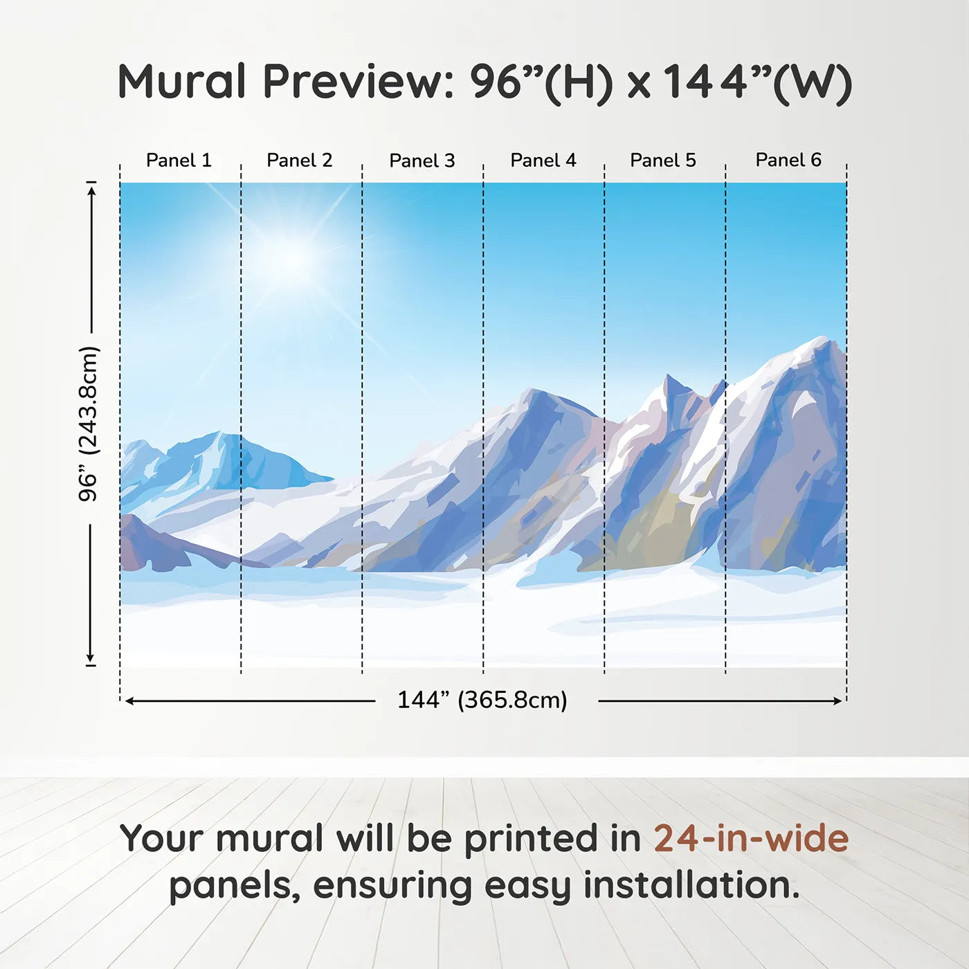 Whimsy Tots Sunny Mountain Peak Wall Muraldimension view (96" H x 144" W). Printed in six 24-inch-wide panels. Gender-Neutral