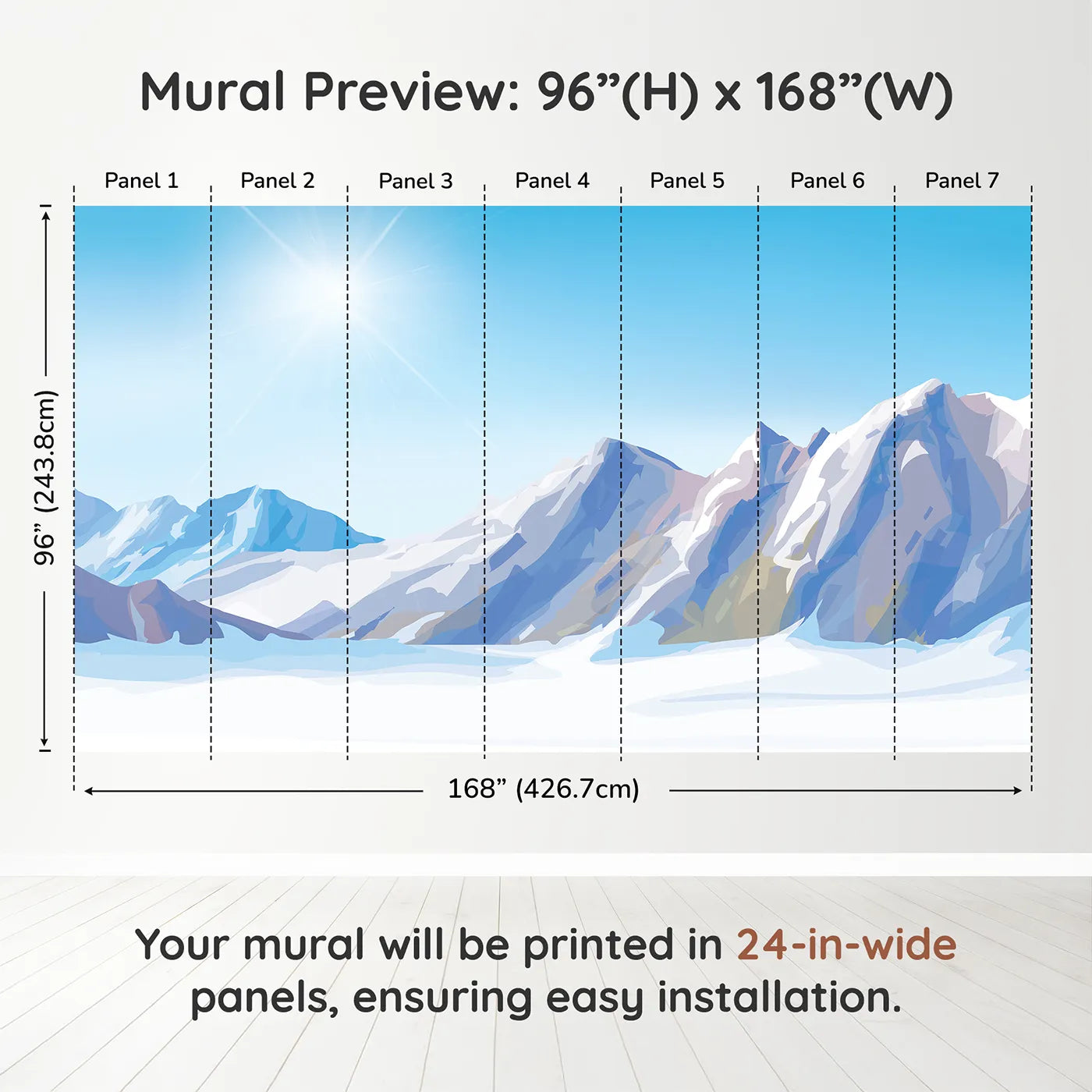 Whimsy Tots Sunny Mountain Peak Wall Muraldimension view (96" H x 168" W). Printed in seven 24-inch-wide panels. Gender-Neutral