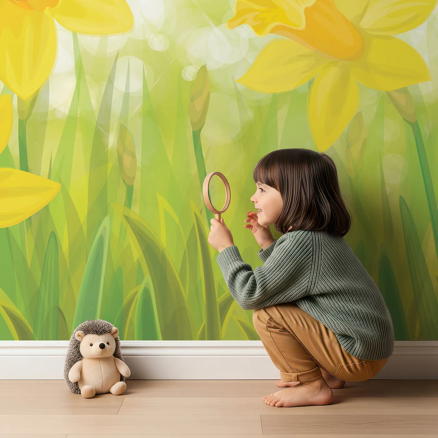 Child in front of Whimsy Tots Daffodil Meadow Wall Mural with daffodil, flower, spring, sun, light, grass, nature, yellow in design.