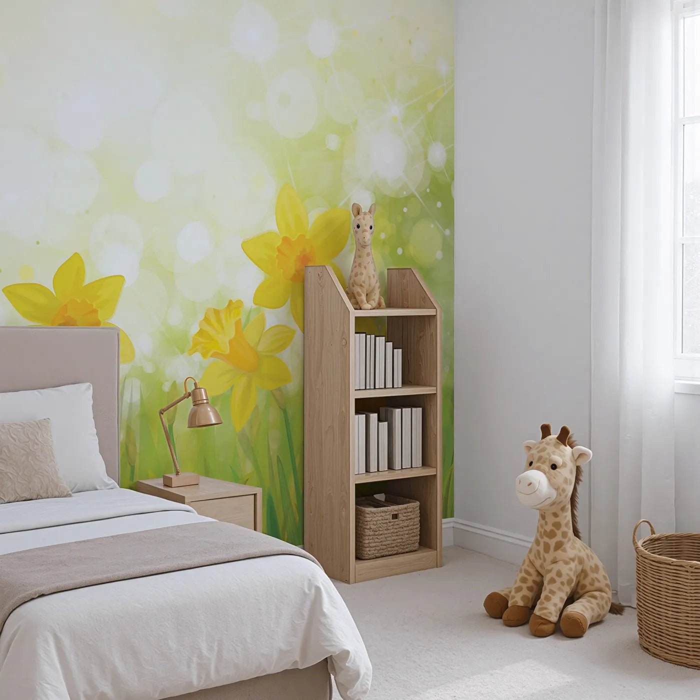 Angled view of Whimsy Tots' Daffodil Meadow Wall Mural (Turn Their Room into a Bright and Sunny Spring Day).Gender-Neutral