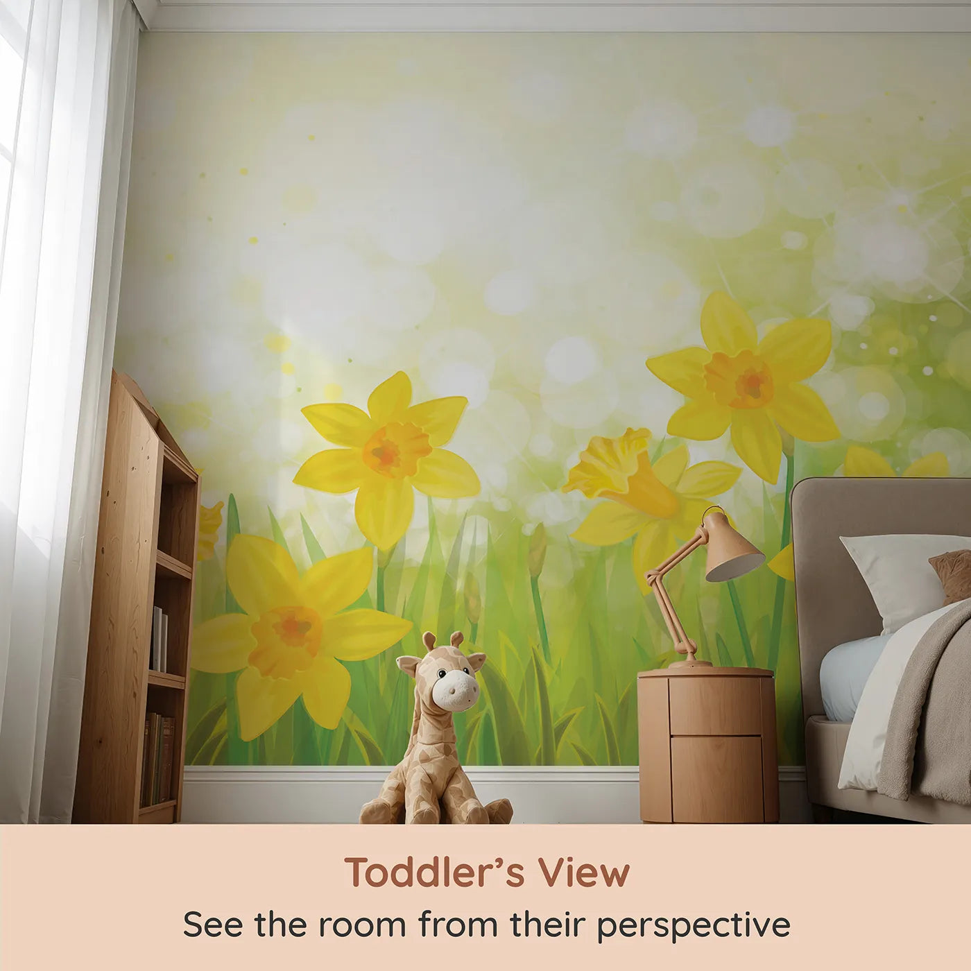 Whimsy Tots Daffodil Meadow Wall Mural (Turn Their Room into a Bright and Sunny Spring Day) from your child's view.Gender-Neutral