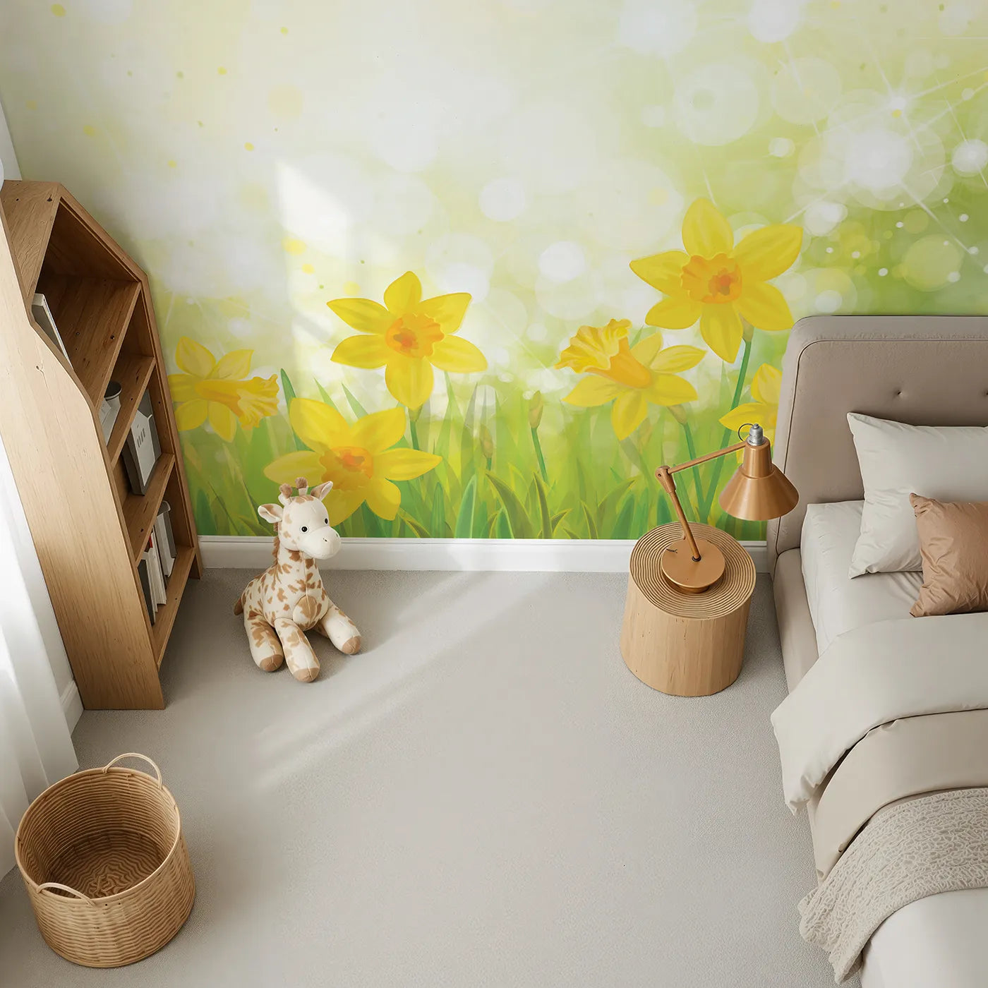 Top-down view of Whimsy Tots' Daffodil Meadow Wall Mural (Turn Their Room into a Bright and Sunny Spring Day).Gender-Neutral