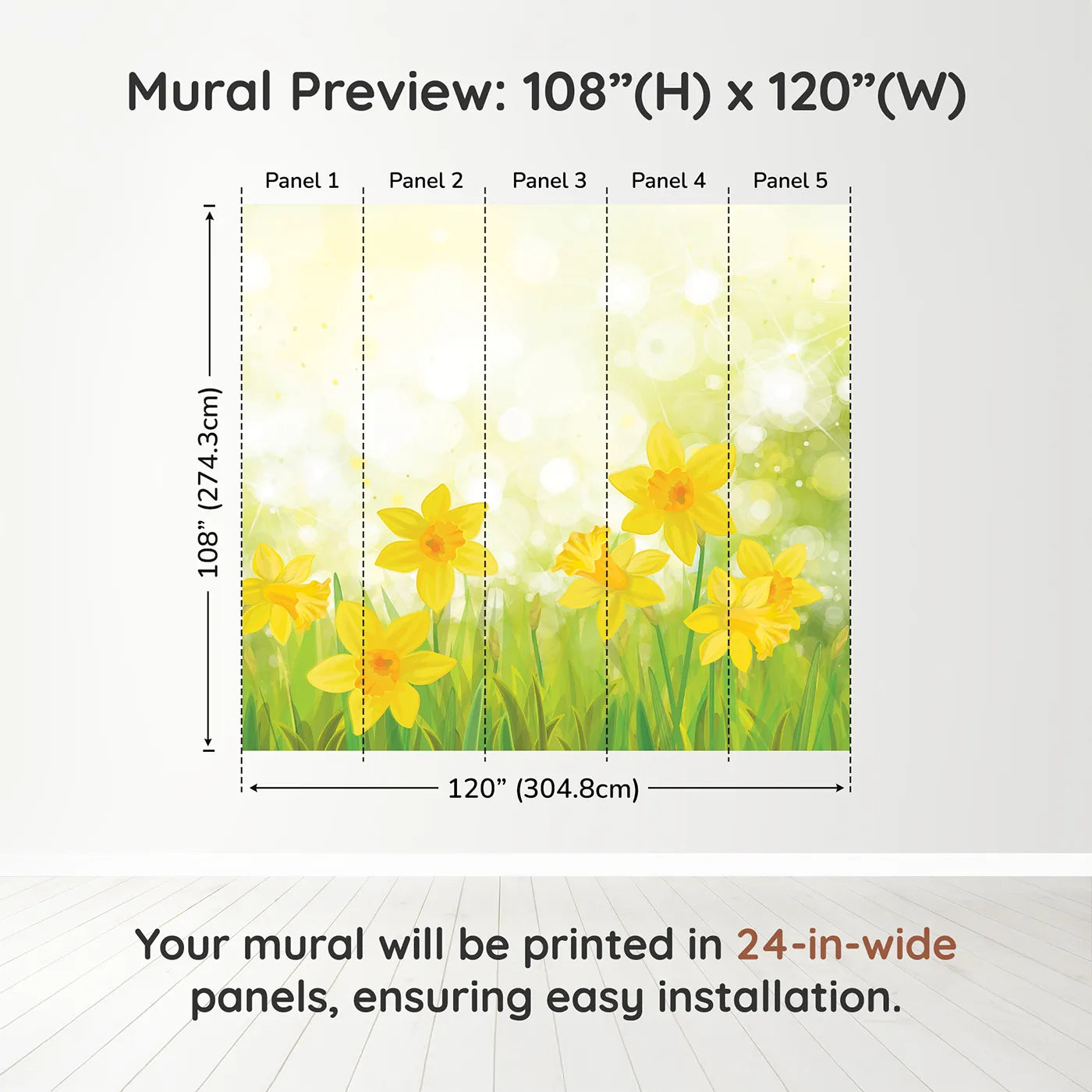 Whimsy Tots Daffodil Meadow Wall Muraldimension view (108" H x 120" W). Printed in five 24-inch-wide panels. Gender-Neutral