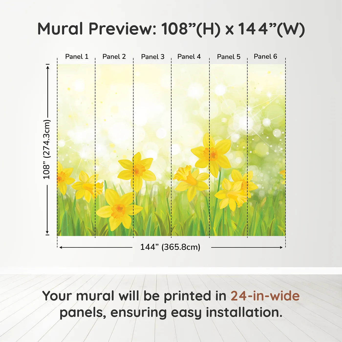 Whimsy Tots Daffodil Meadow Wall Muraldimension view (108" H x 144" W). Printed in six 24-inch-wide panels. Gender-Neutral