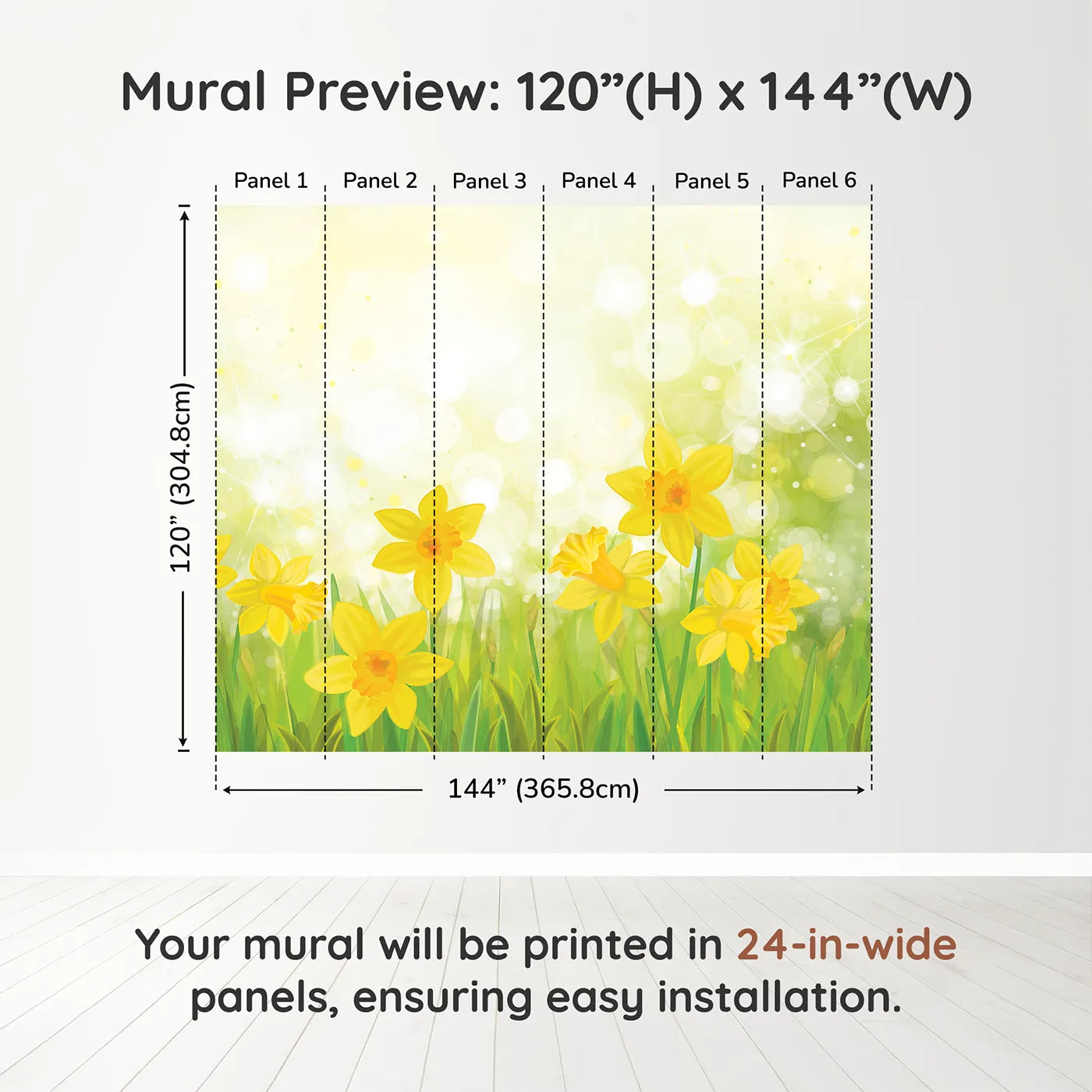 Whimsy Tots Daffodil Meadow Wall Muraldimension view (120" H x 144" W). Printed in six 24-inch-wide panels. Gender-Neutral