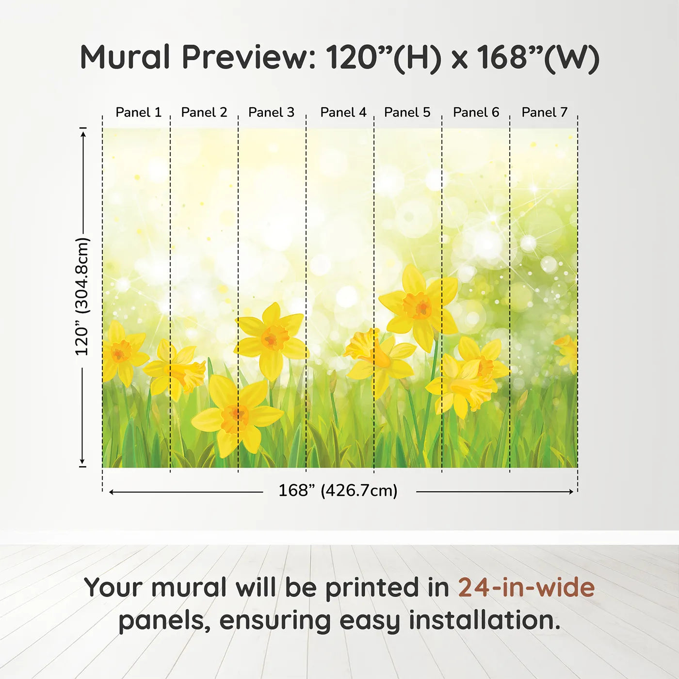 Whimsy Tots Daffodil Meadow Wall Muraldimension view (120" H x 168" W). Printed in seven 24-inch-wide panels. Gender-Neutral
