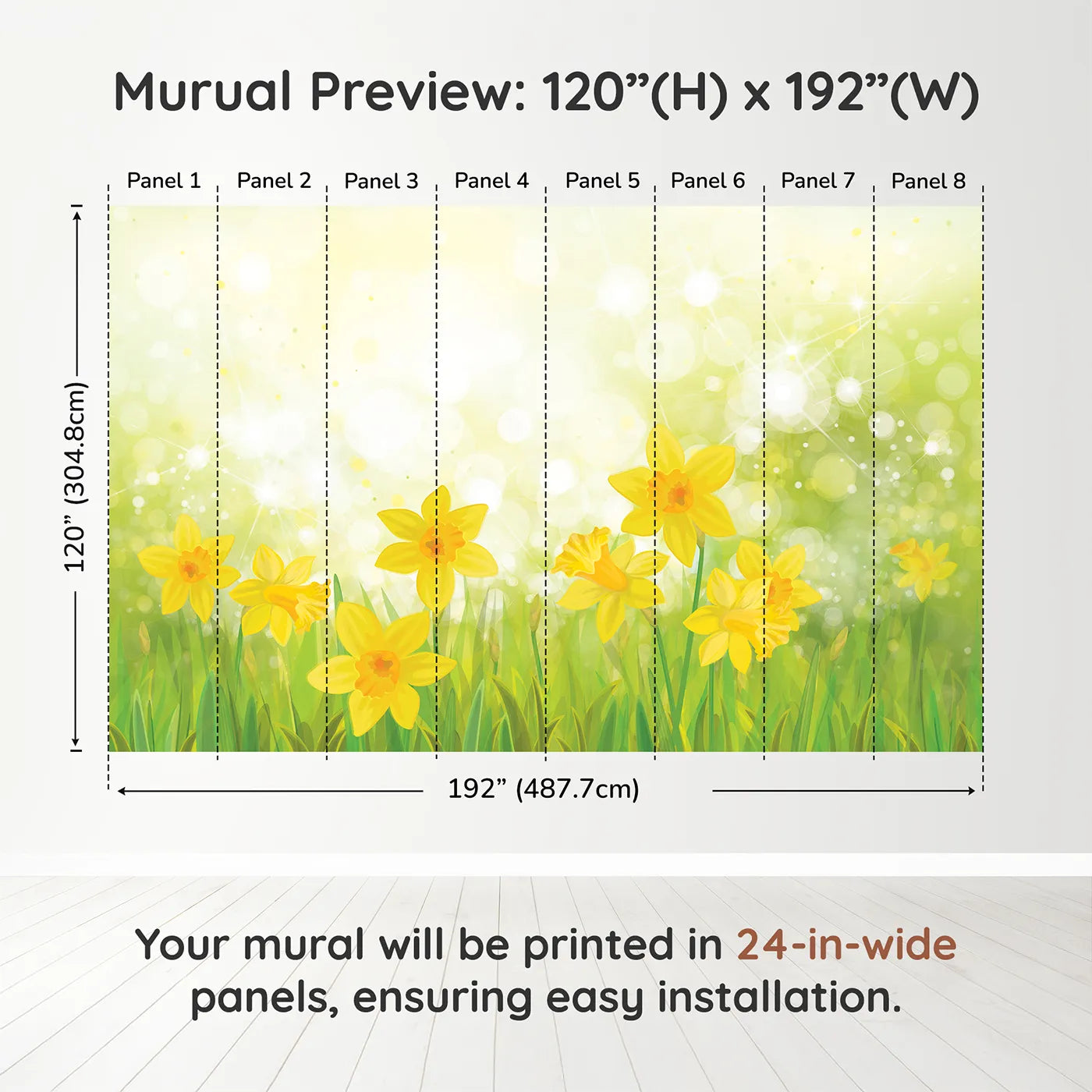 Whimsy Tots Daffodil Meadow Wall Muraldimension view (120" H x 192" W). Printed in eight 24-inch-wide panels. Gender-Neutral