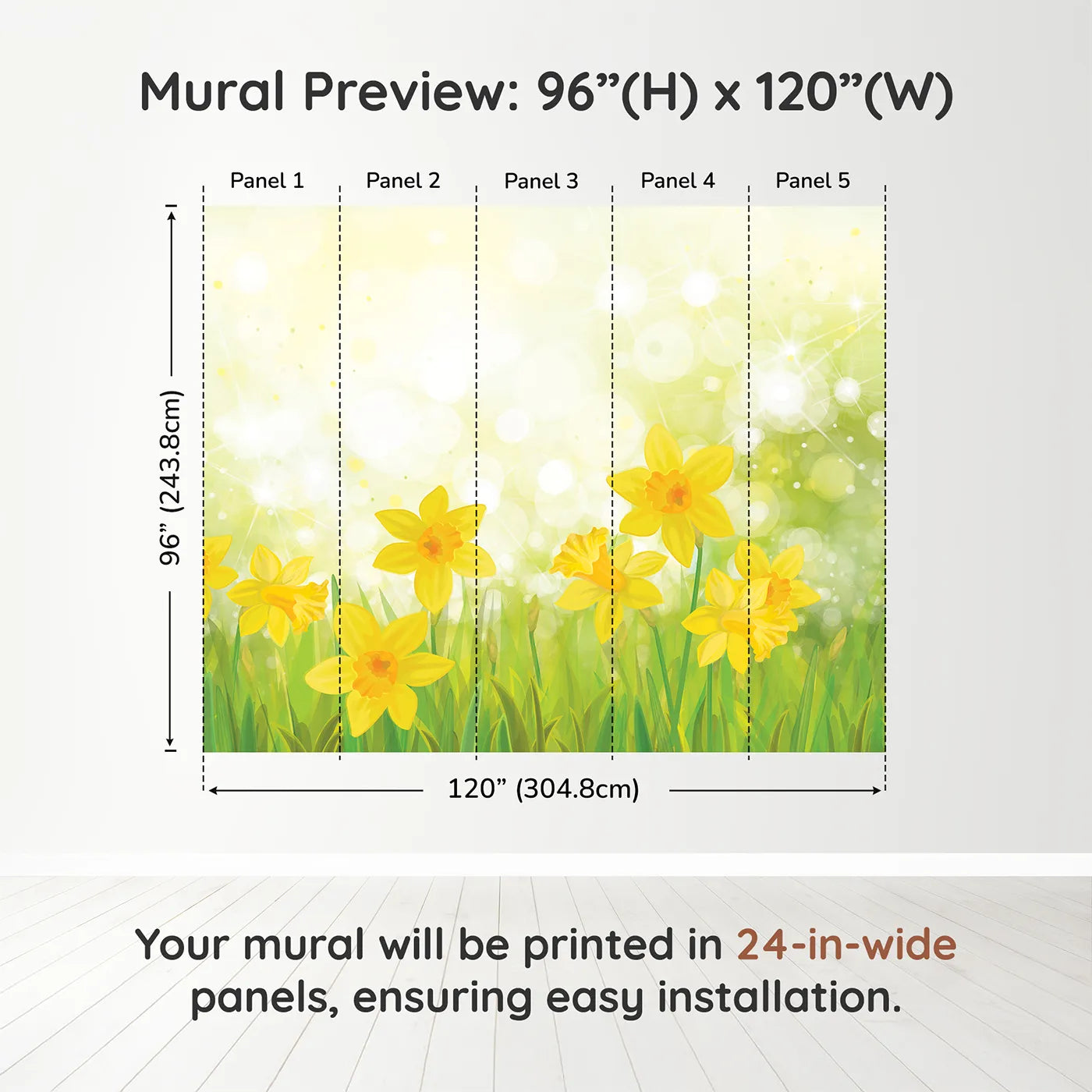 Whimsy Tots Daffodil Meadow Wall Muraldimension view (96" H x 120" W). Printed in five 24-inch-wide panels. Gender-Neutral