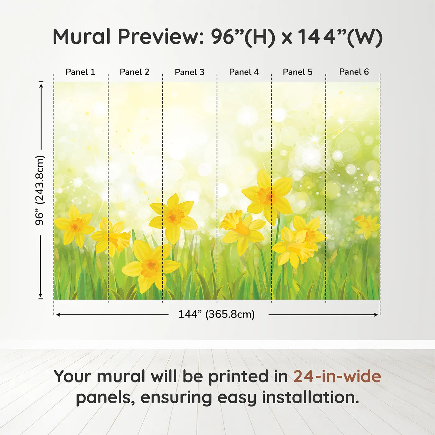 Whimsy Tots Daffodil Meadow Wall Muraldimension view (96" H x 144" W). Printed in six 24-inch-wide panels. Gender-Neutral