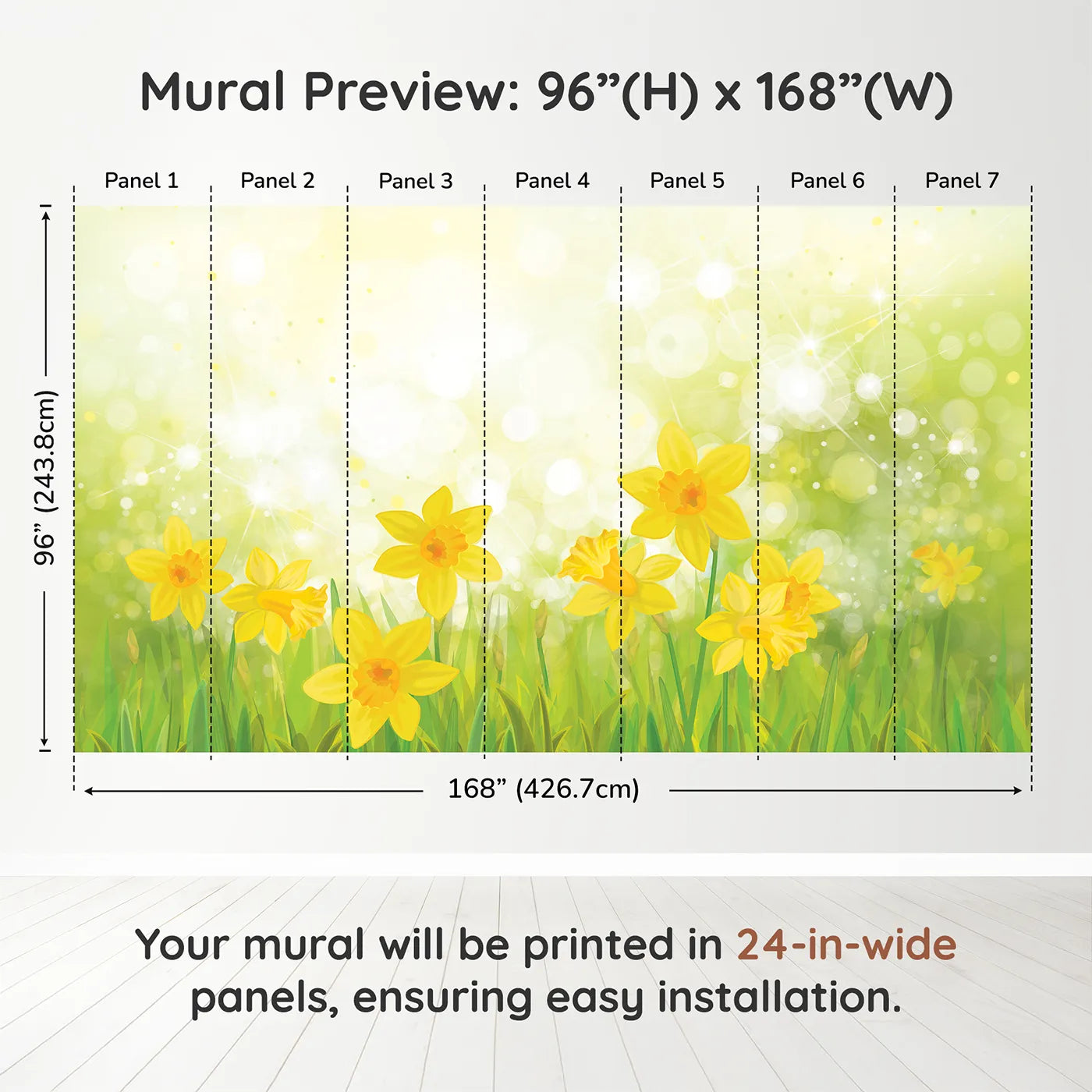 Whimsy Tots Daffodil Meadow Wall Muraldimension view (96" H x 168" W). Printed in seven 24-inch-wide panels. Gender-Neutral