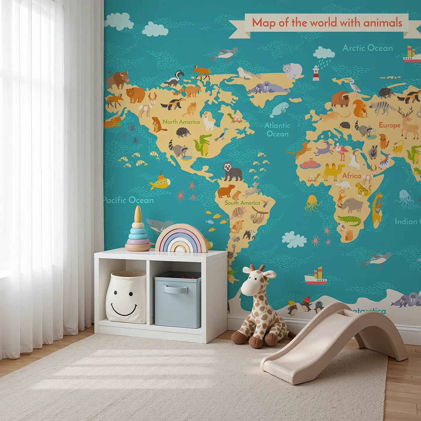Angled view of Whimsy Tots' Abstract Music Notes Wall Mural in Green (Turn Their Room into a Vibrant, Joyful Symphony).Gender-Neutral