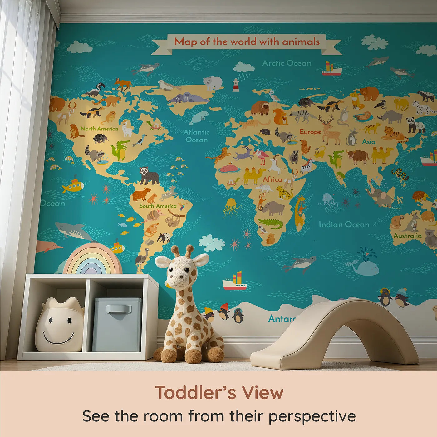 Whimsy Tots Abstract Music Notes Wall Mural in Green (Turn Their Room into a Vibrant, Joyful Symphony) from your child's view.Gender-Neutral