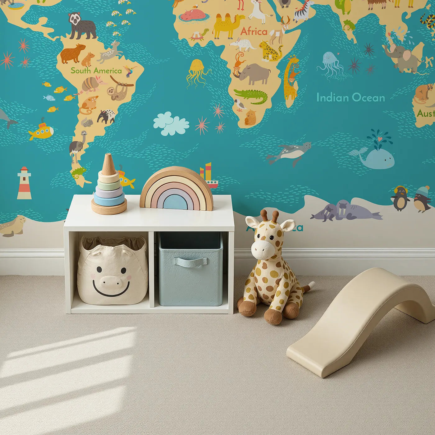 Top-down view of Whimsy Tots' Abstract Music Notes Wall Mural in Green (Turn Their Room into a Vibrant, Joyful Symphony).Gender-Neutral