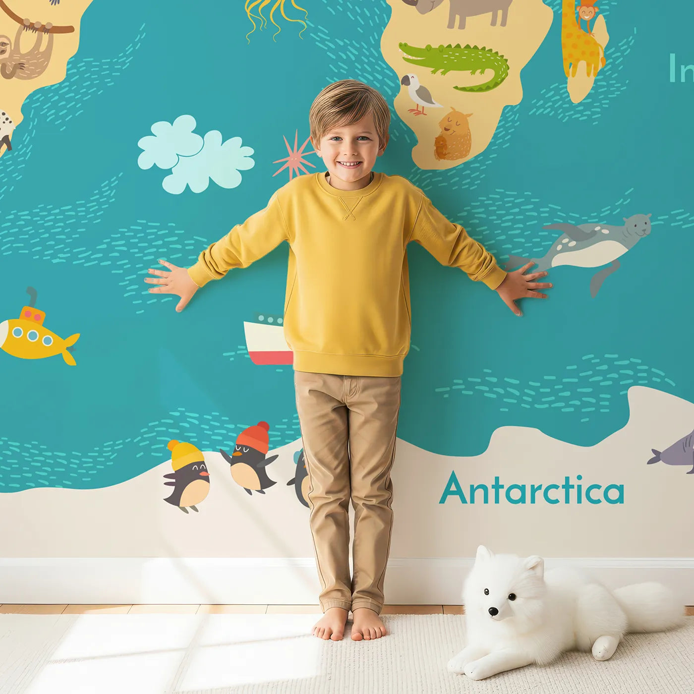 Child in front of Whimsy Tots Abstract Music Notes Wall Mural in Green with music, note, colorful, rainbow, abstract, treble clef, vibrant, fun in design.