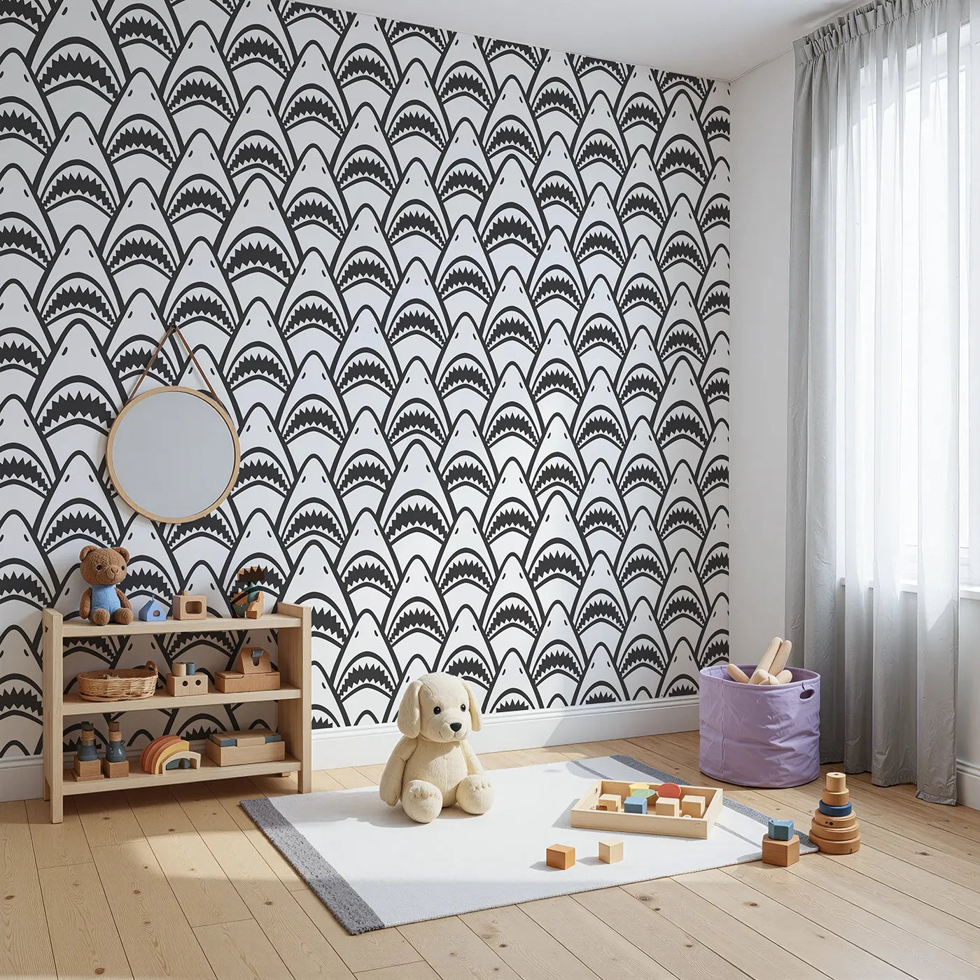 Angled view of Whimsy Tots' Shark Teeth Wall Mural (Turn Their Room into a Cool and Quirky Ocean Adventure).Gender-Neutral