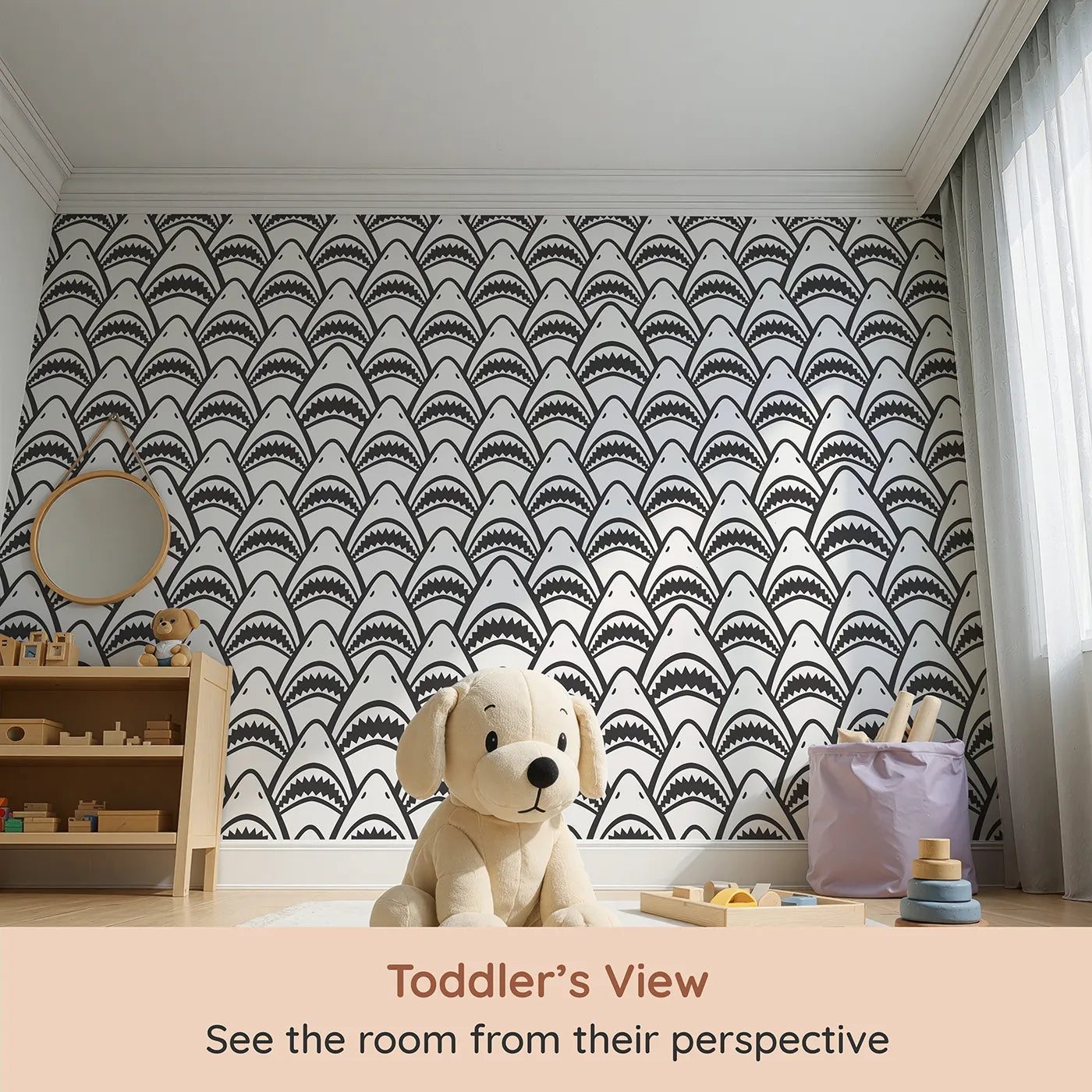 Whimsy Tots Shark Teeth Wall Mural (Turn Their Room into a Cool and Quirky Ocean Adventure) from your child's view.Gender-Neutral