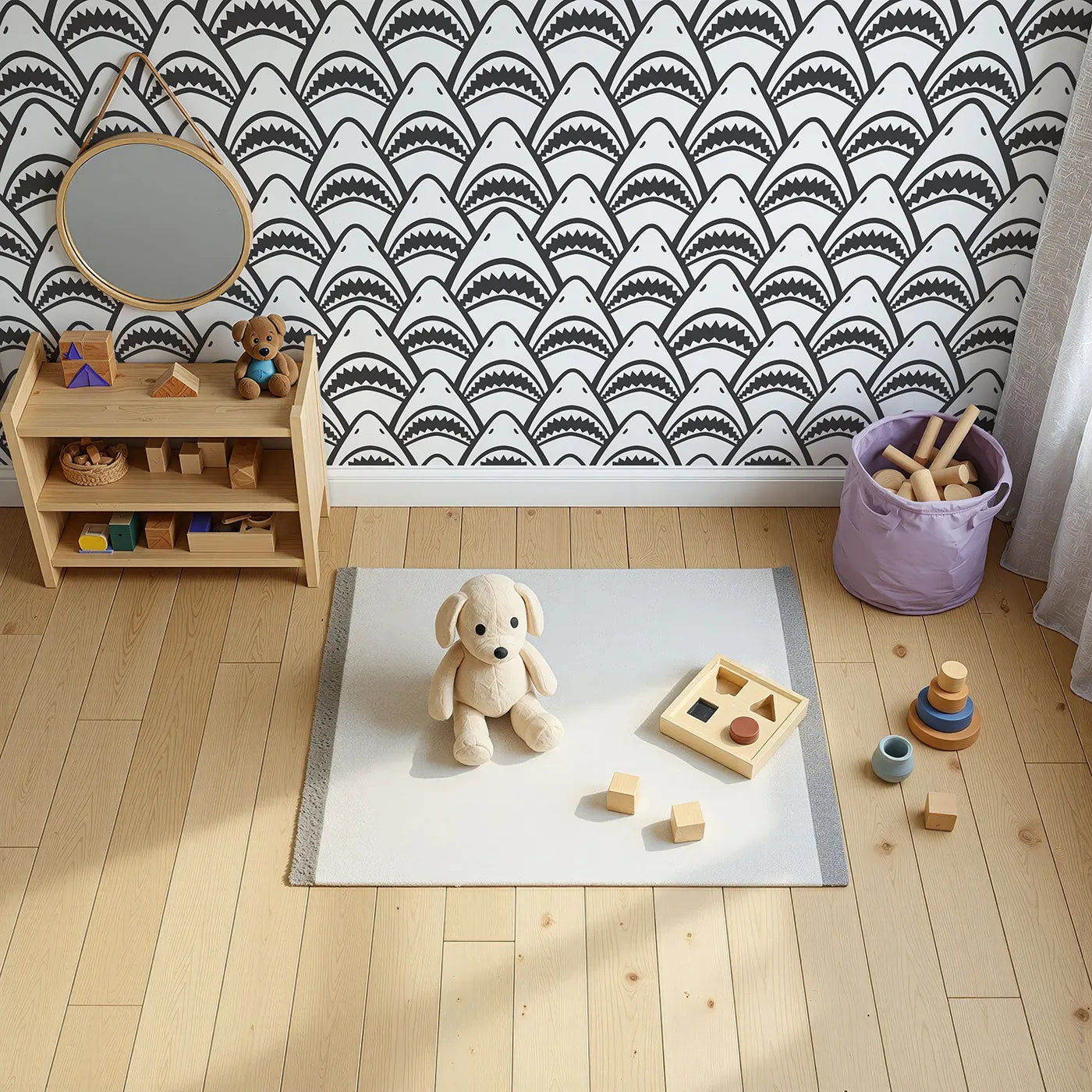 Top-down view of Whimsy Tots' Shark Teeth Wall Mural (Turn Their Room into a Cool and Quirky Ocean Adventure).Gender-Neutral