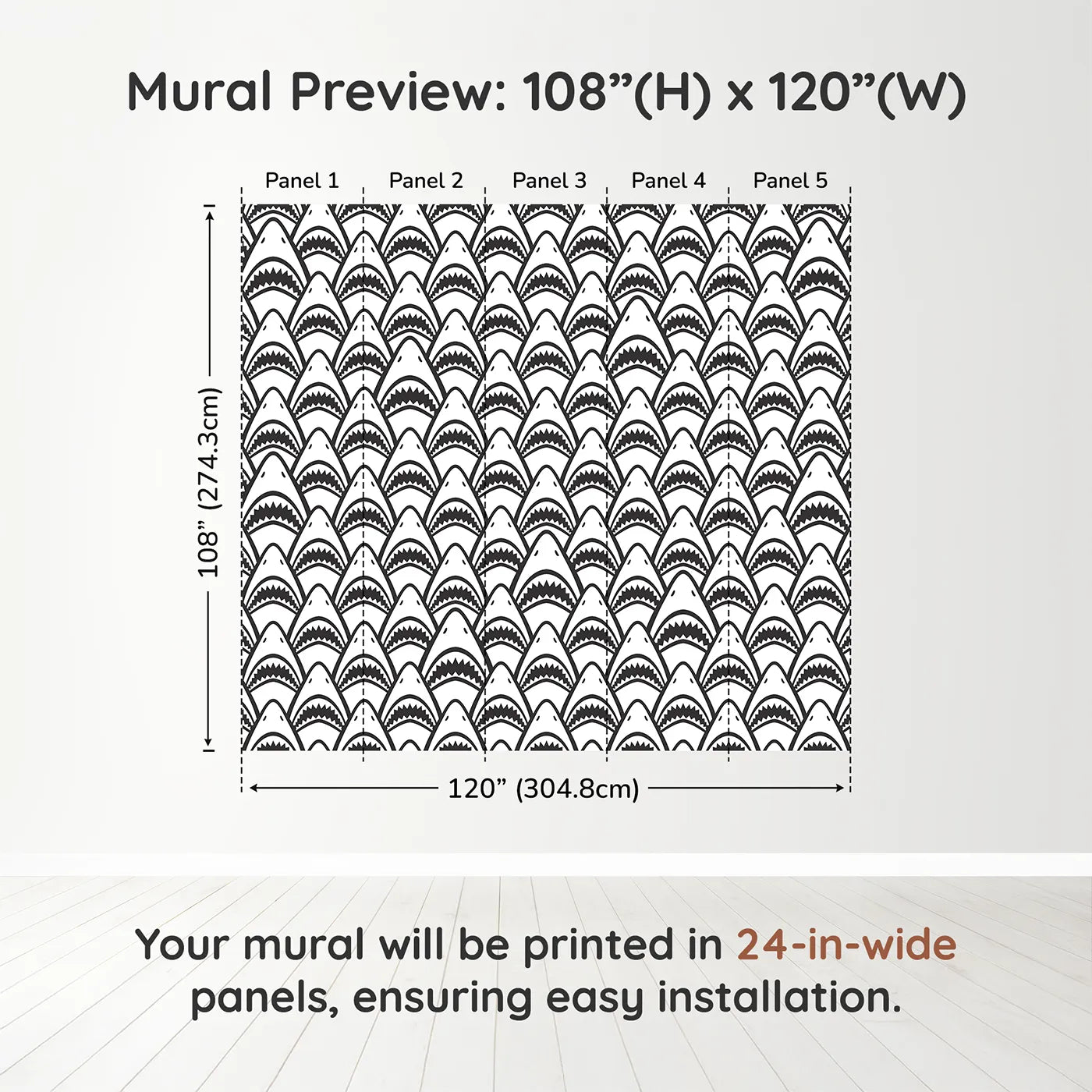 Whimsy Tots Shark Teeth Wall Muraldimension view (108" H x 120" W). Printed in five 24-inch-wide panels. Gender-Neutral