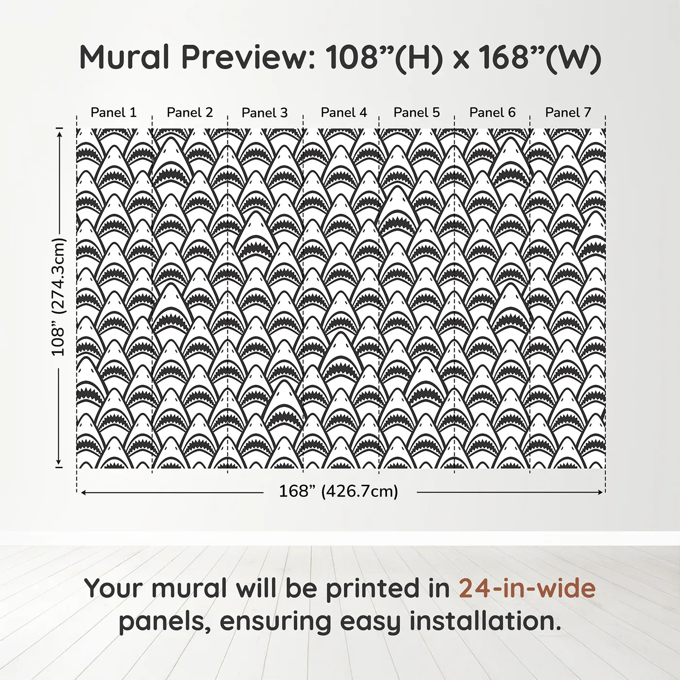Whimsy Tots Shark Teeth Wall Muraldimension view (108" H x 168" W). Printed in seven 24-inch-wide panels. Gender-Neutral