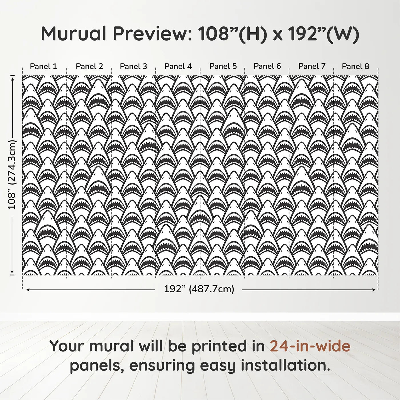Whimsy Tots Shark Teeth Wall Muraldimension view (108" H x 192" W). Printed in eight 24-inch-wide panels. Gender-Neutral
