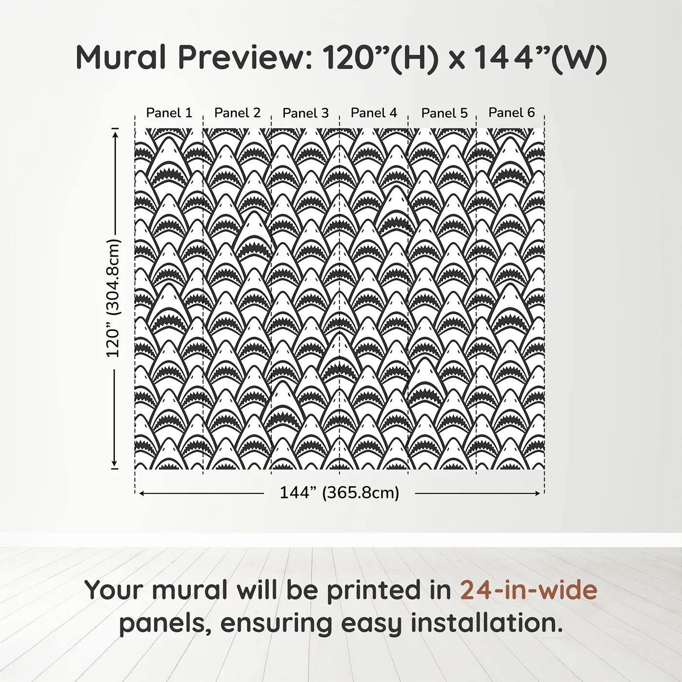 Whimsy Tots Shark Teeth Wall Muraldimension view (120" H x 144" W). Printed in six 24-inch-wide panels. Gender-Neutral