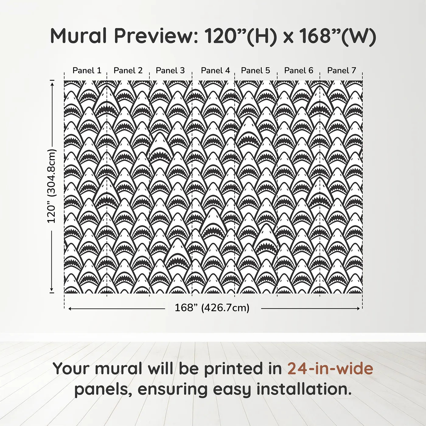 Whimsy Tots Shark Teeth Wall Muraldimension view (120" H x 168" W). Printed in seven 24-inch-wide panels. Gender-Neutral