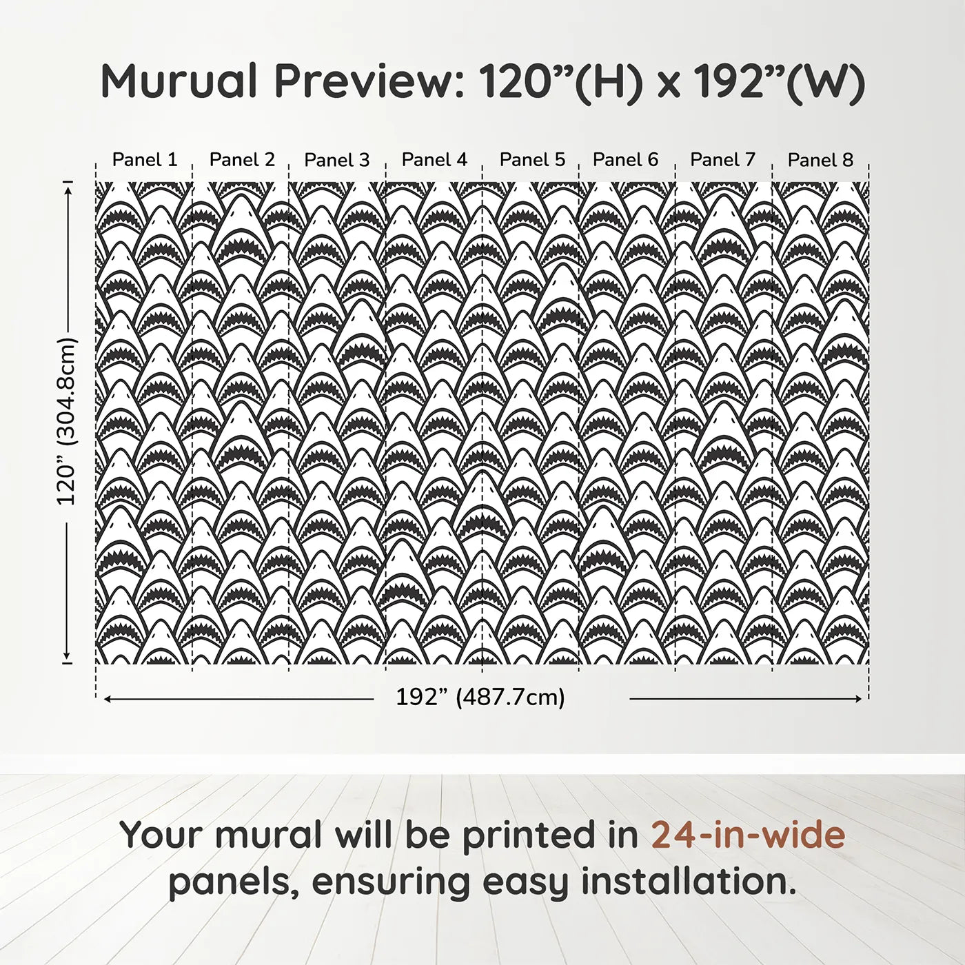 Whimsy Tots Shark Teeth Wall Muraldimension view (120" H x 192" W). Printed in eight 24-inch-wide panels. Gender-Neutral