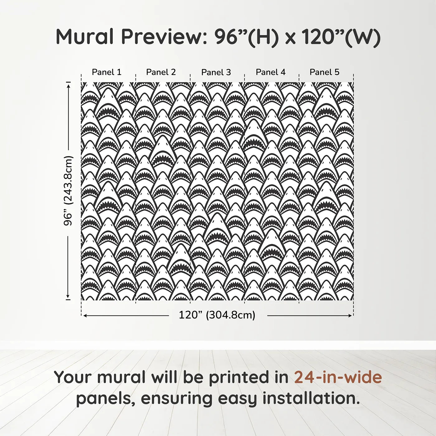 Whimsy Tots Shark Teeth Wall Muraldimension view (96" H x 120" W). Printed in five 24-inch-wide panels. Gender-Neutral