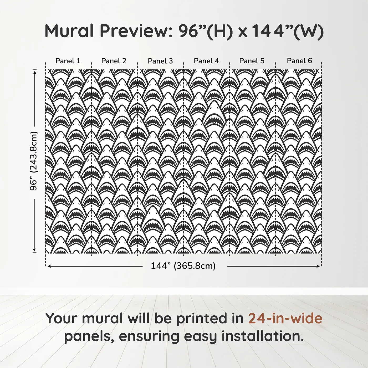 Whimsy Tots Shark Teeth Wall Muraldimension view (96" H x 144" W). Printed in six 24-inch-wide panels. Gender-Neutral