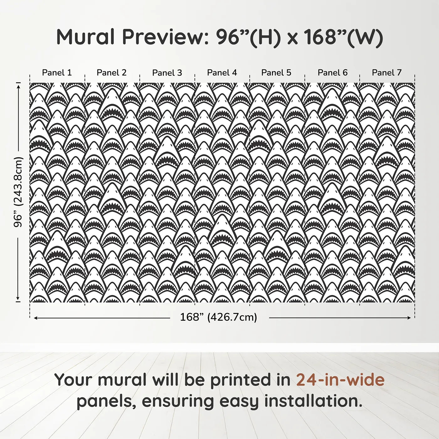 Whimsy Tots Shark Teeth Wall Muraldimension view (96" H x 168" W). Printed in seven 24-inch-wide panels. Gender-Neutral