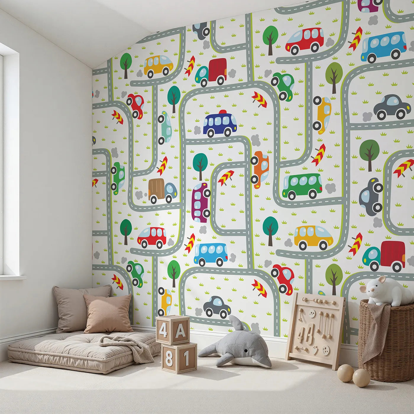 Angled view of Whimsy Tots' Busy Roads Wall Mural (Turn Their Room into a Bustling Little City).Gender-Neutral