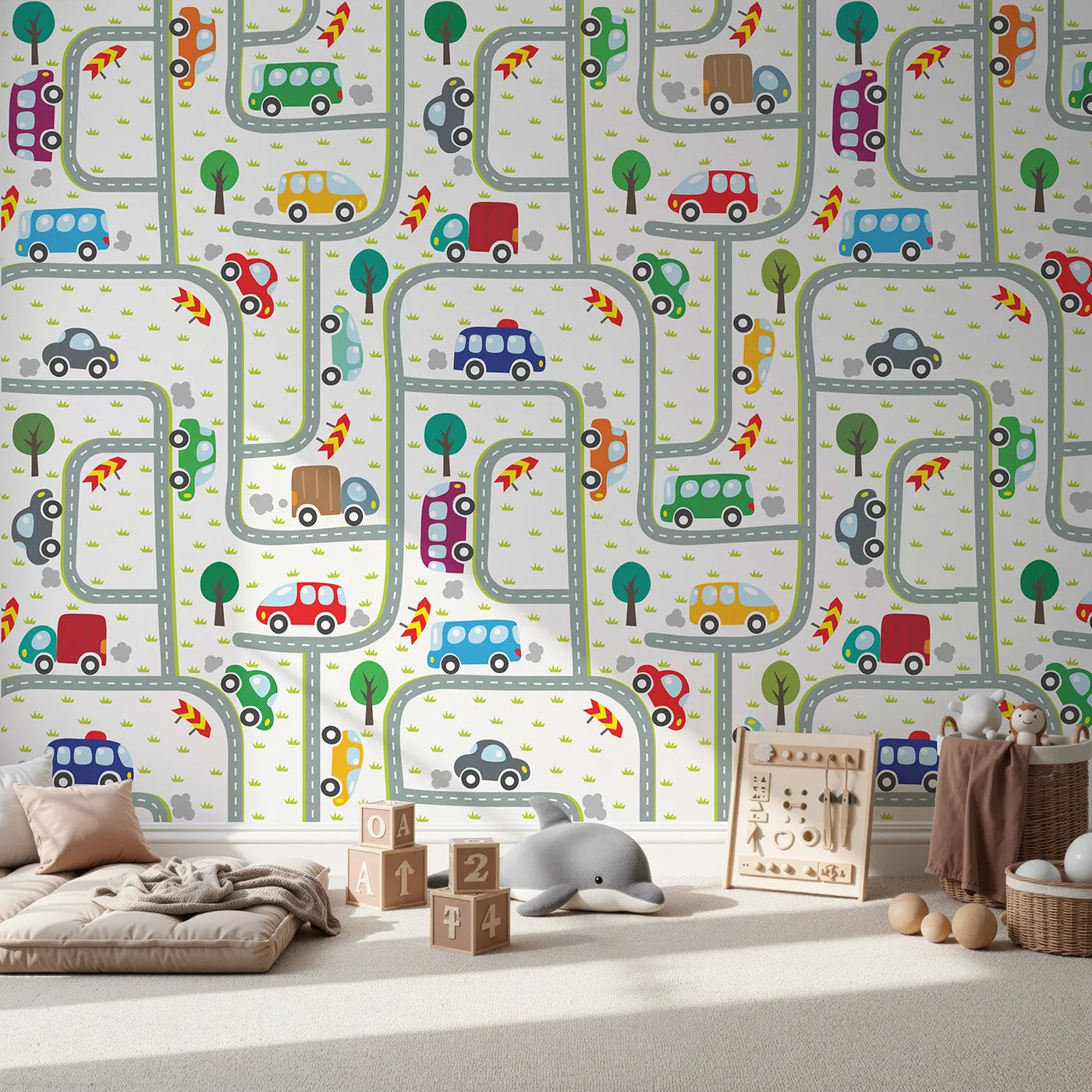 Front view of Whimsy Tots' Busy Roads Wall Mural