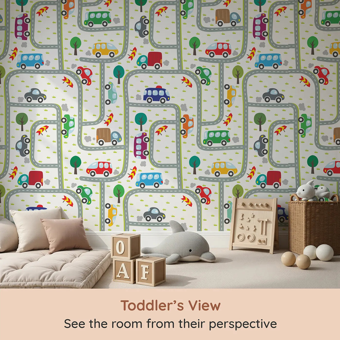 Whimsy Tots Busy Roads Wall Mural (Turn Their Room into a Bustling Little City) from your child's view.Gender-Neutral