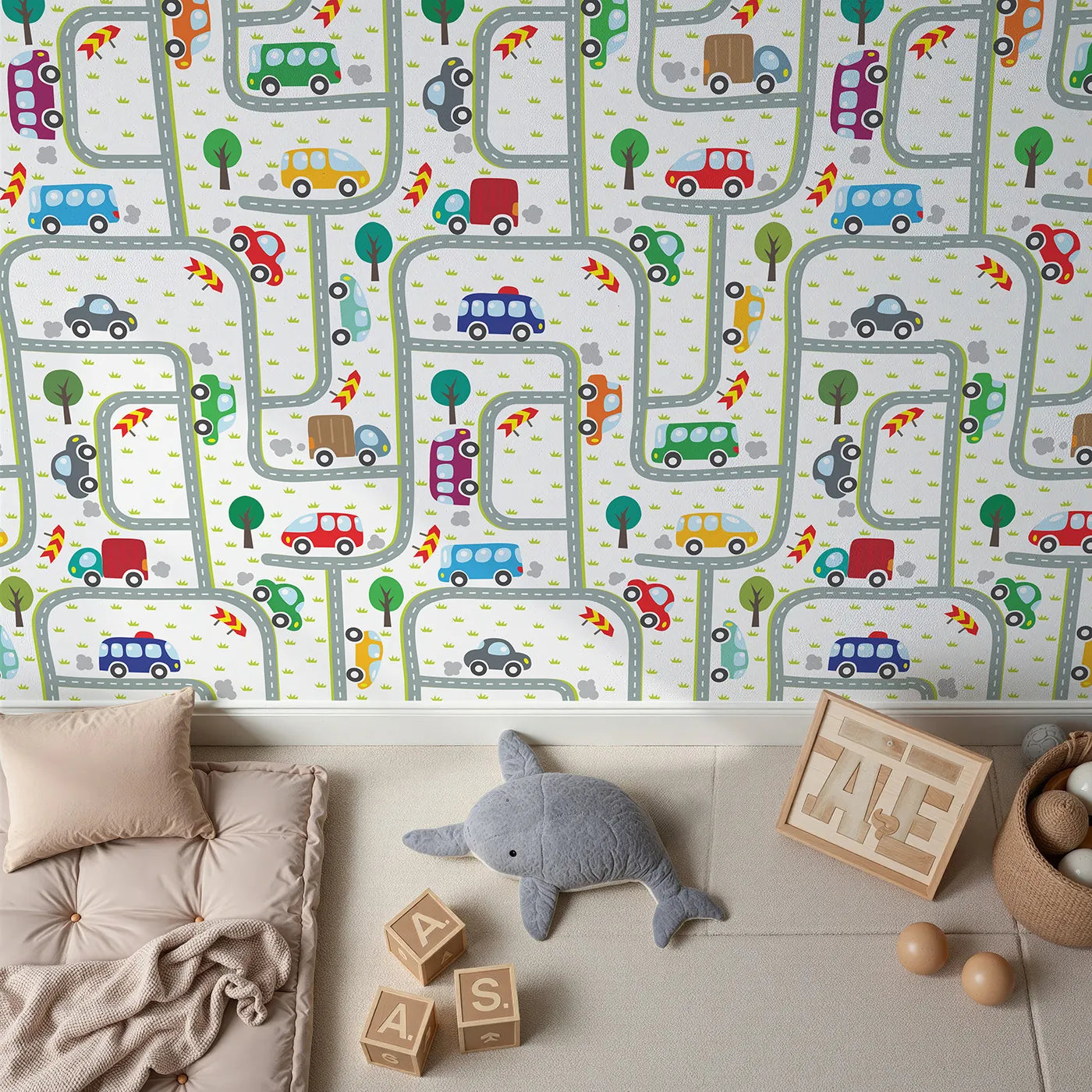 Top-down view of Whimsy Tots' Busy Roads Wall Mural (Turn Their Room into a Bustling Little City).Gender-Neutral