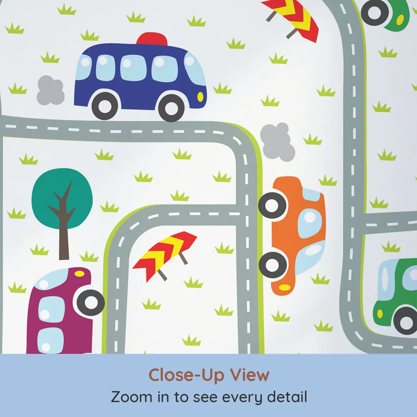 Close-up view of Whimsy Tots' Busy Roads Wall Mural (Turn Their Room into a Bustling Little City).Gender-Neutral