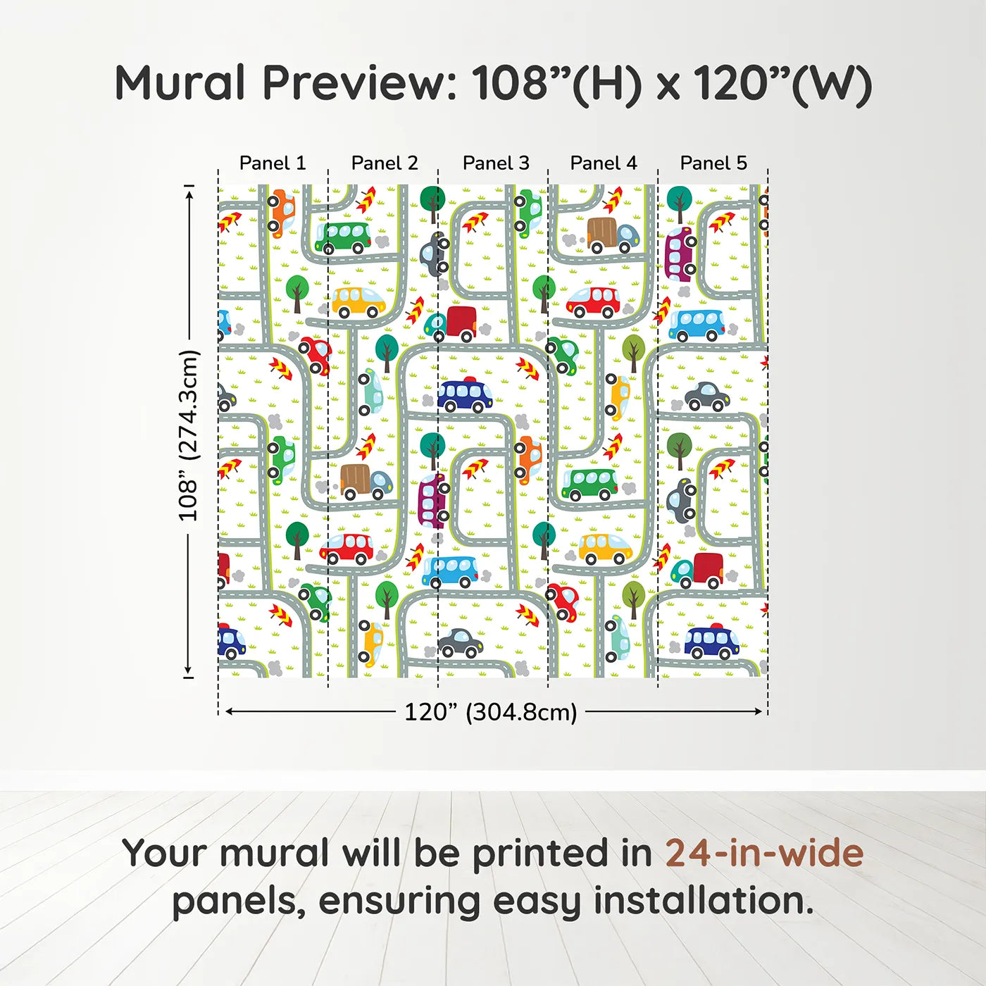 Whimsy Tots Busy Roads Wall Muraldimension view (108" H x 120" W). Printed in five 24-inch-wide panels. Gender-Neutral