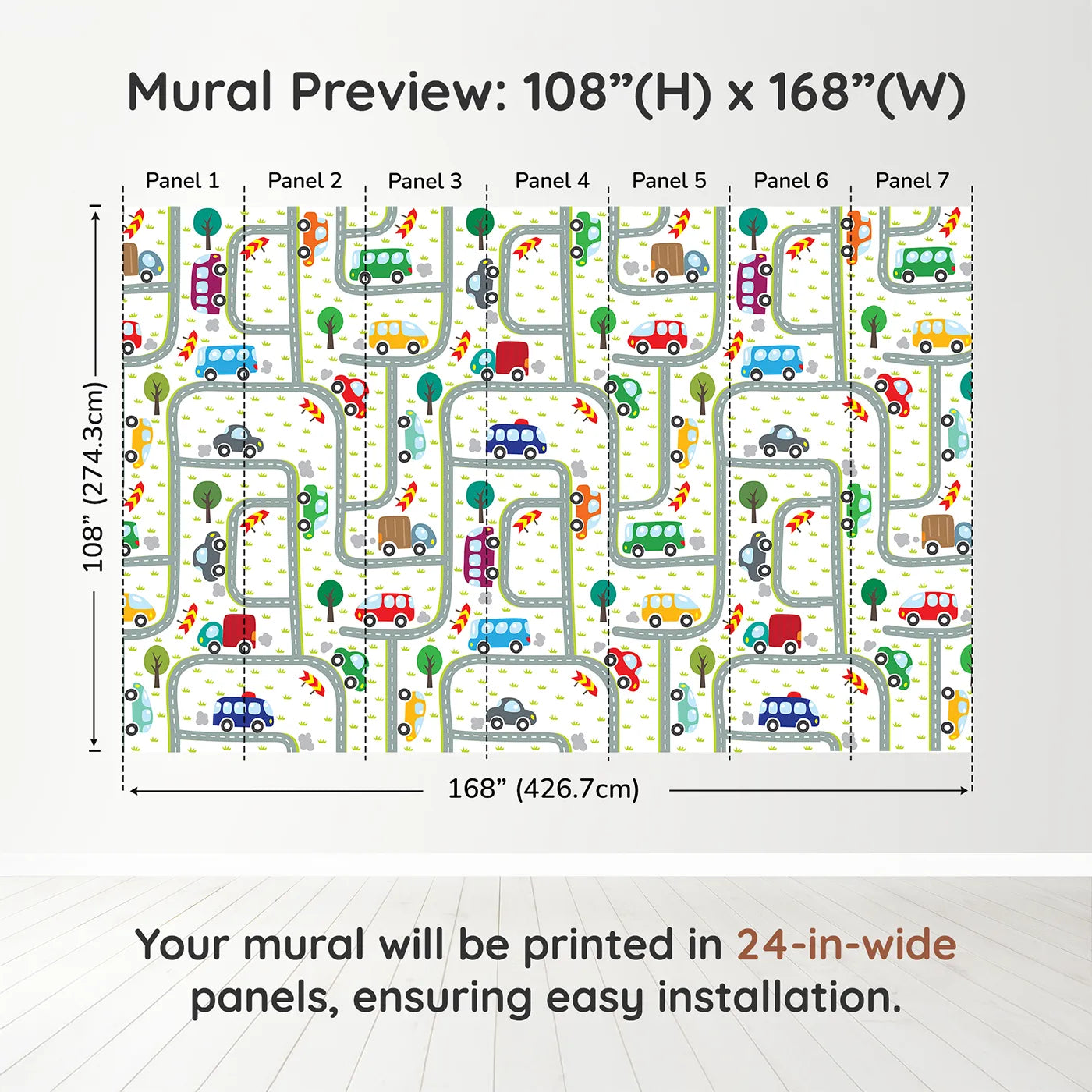 Whimsy Tots Busy Roads Wall Muraldimension view (108" H x 168" W). Printed in seven 24-inch-wide panels. Gender-Neutral