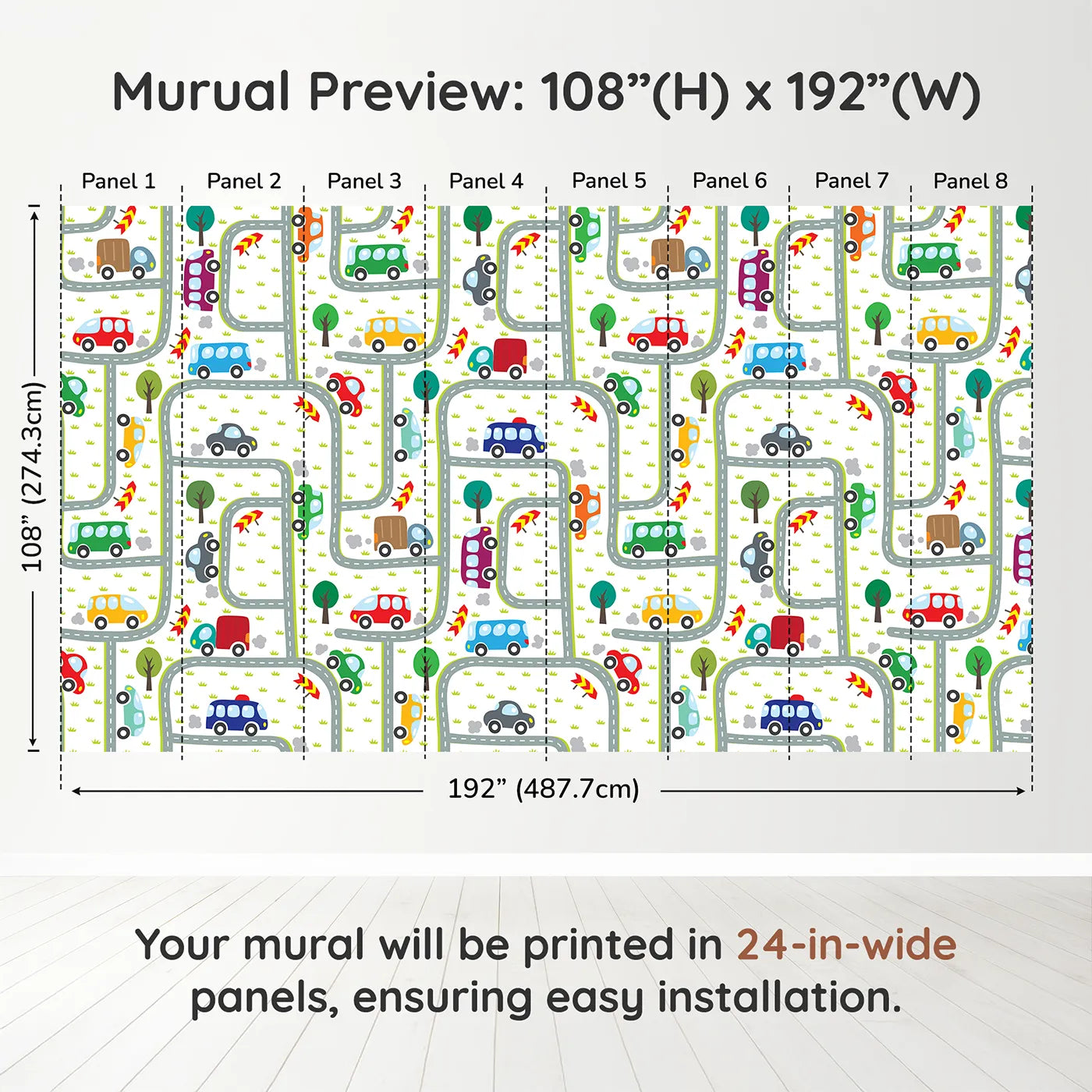 Whimsy Tots Busy Roads Wall Muraldimension view (108" H x 192" W). Printed in eight 24-inch-wide panels. Gender-Neutral