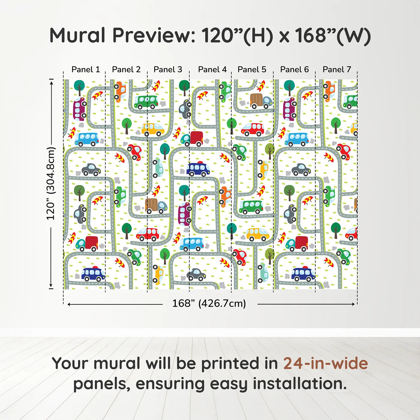 Whimsy Tots Busy Roads Wall Muraldimension view (120" H x 168" W). Printed in seven 24-inch-wide panels. Gender-Neutral