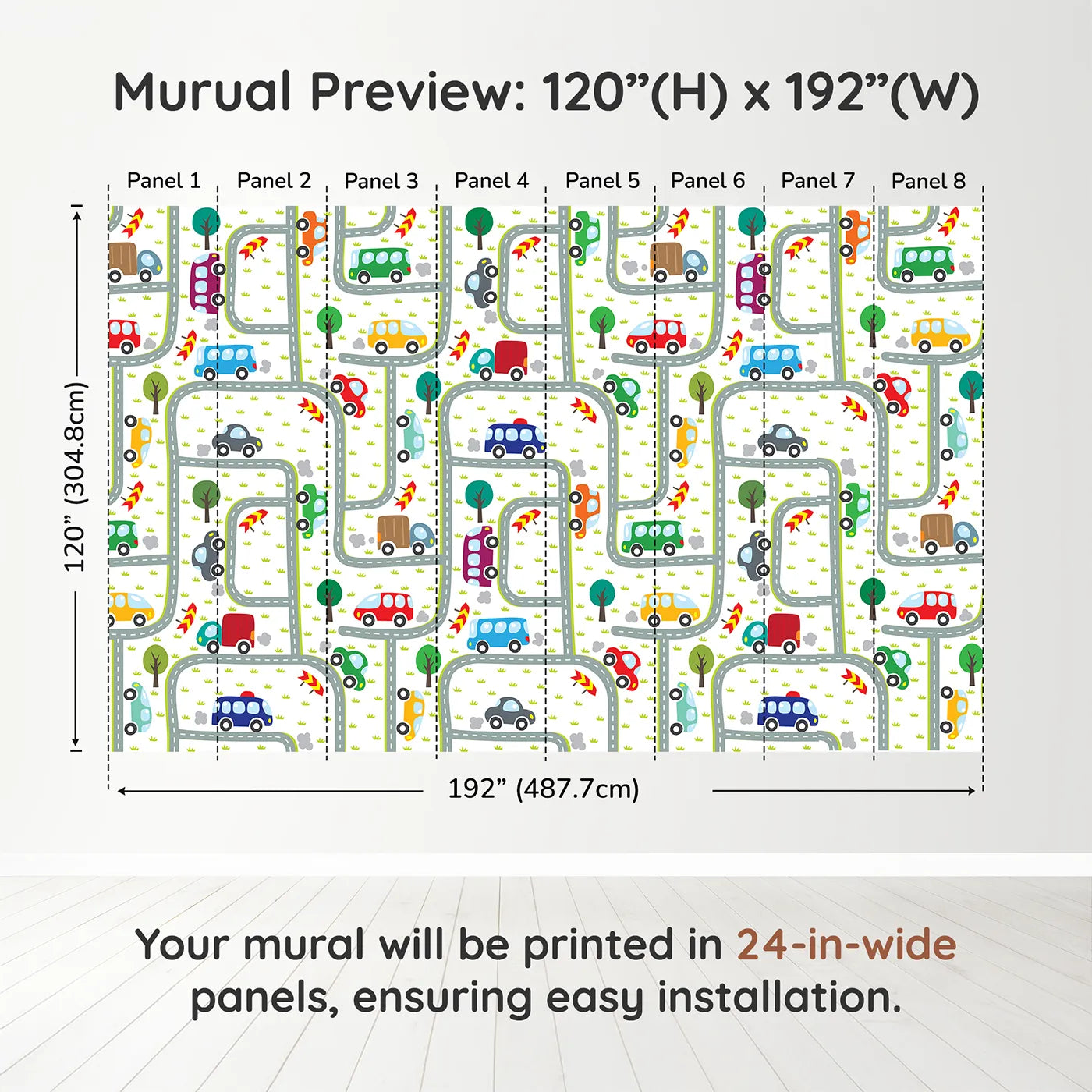 Whimsy Tots Busy Roads Wall Muraldimension view (120" H x 192" W). Printed in eight 24-inch-wide panels. Gender-Neutral