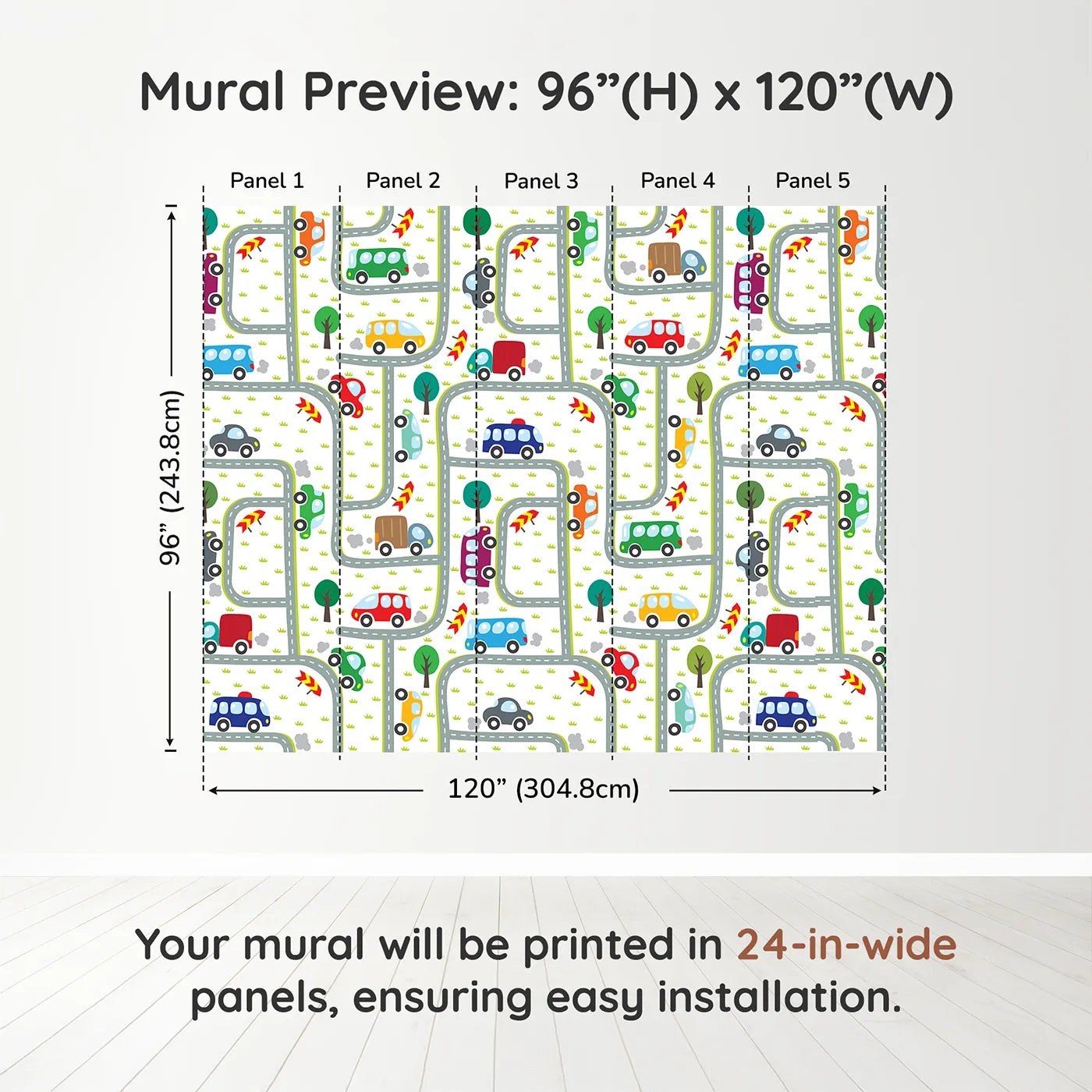 Whimsy Tots Busy Roads Wall Muraldimension view (96" H x 120" W). Printed in five 24-inch-wide panels. Gender-Neutral