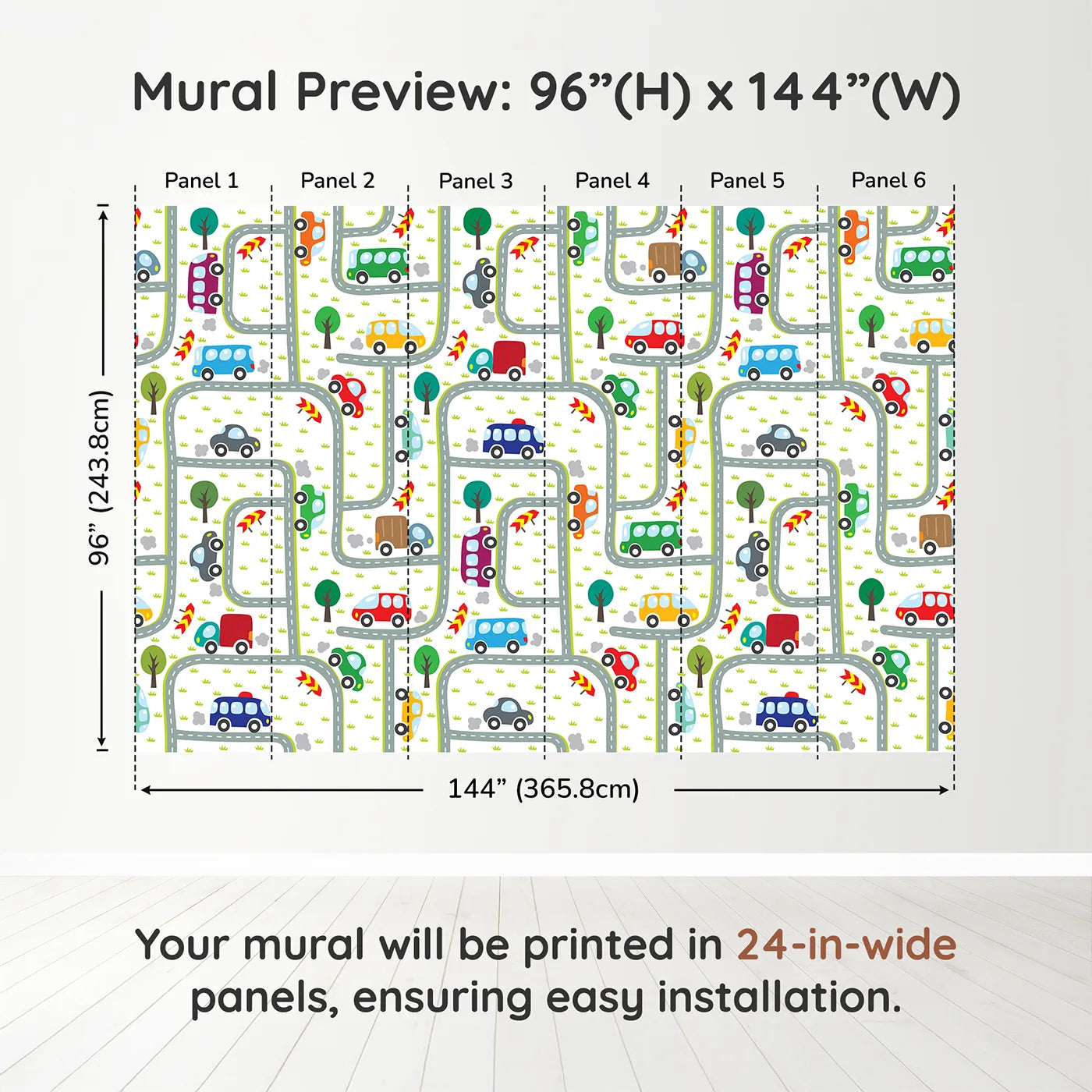 Whimsy Tots Busy Roads Wall Muraldimension view (96" H x 144" W). Printed in six 24-inch-wide panels. Gender-Neutral