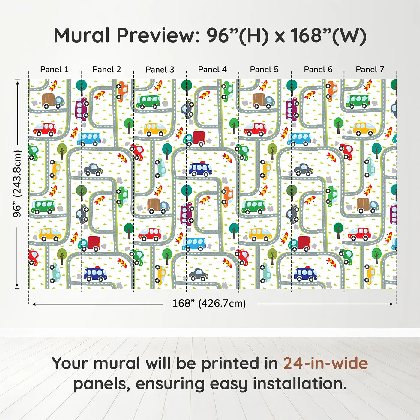 Whimsy Tots Busy Roads Wall Muraldimension view (96" H x 168" W). Printed in seven 24-inch-wide panels. Gender-Neutral