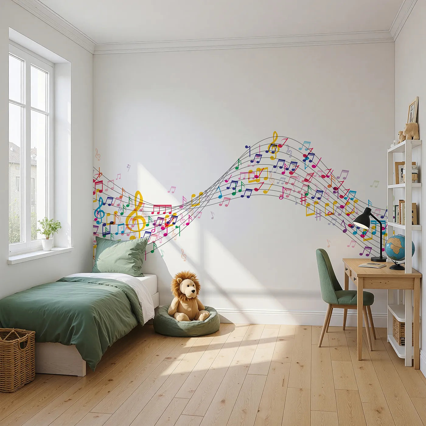 Angled view of Whimsy Tots' Colorful Music Wave Wall Mural (Turn Their Room into a Vibrant, Joyful Symphony).Gender-Neutral