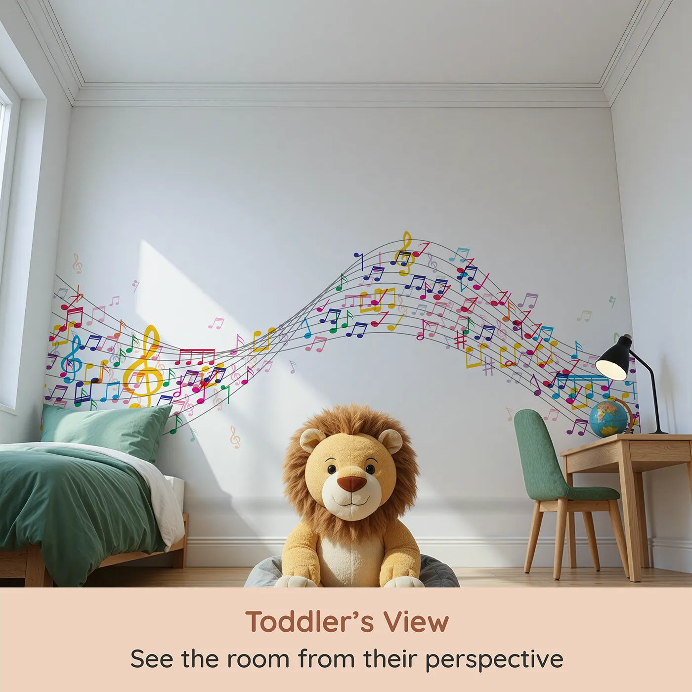 Whimsy Tots Colorful Music Wave Wall Mural (Turn Their Room into a Vibrant, Joyful Symphony) from your child's view.Gender-Neutral