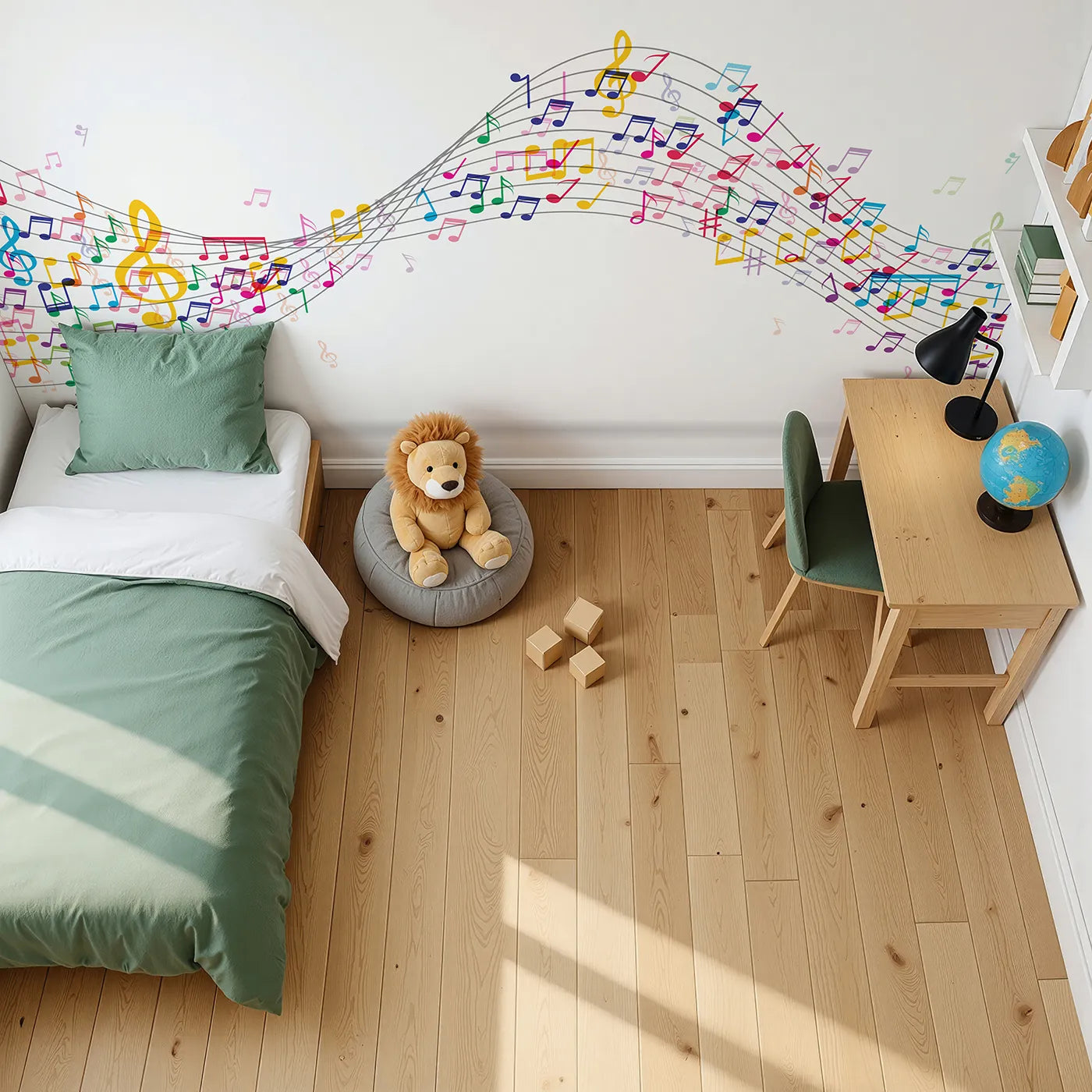 Top-down view of Whimsy Tots' Colorful Music Wave Wall Mural (Turn Their Room into a Vibrant, Joyful Symphony).Gender-Neutral
